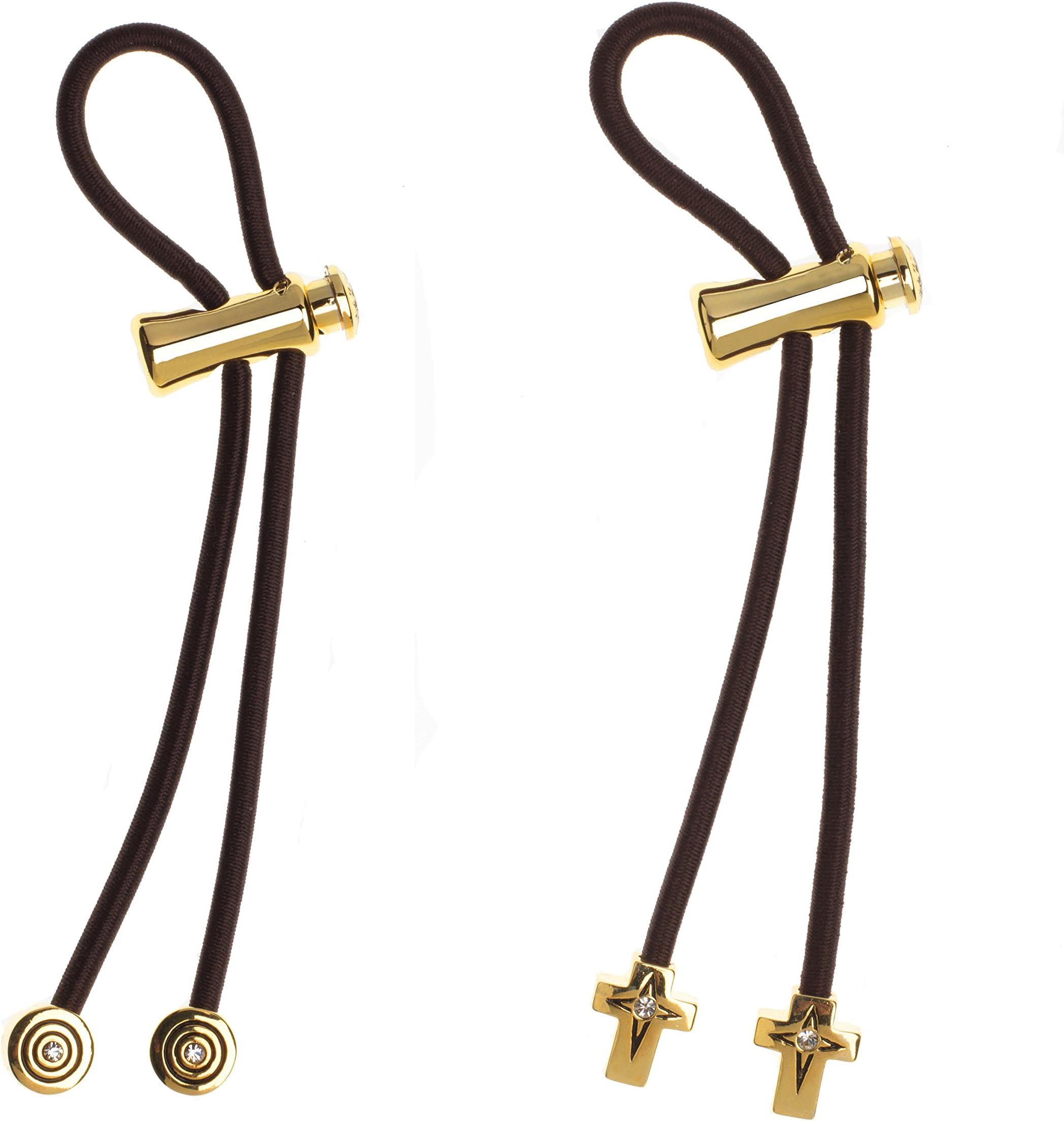 Hair Tie – Pulleez Sliding Elastic Hair Accessory – Double Pack – (1) Gold Circle with Crystal Detail, (1) Gold Cross with Crystal Detail