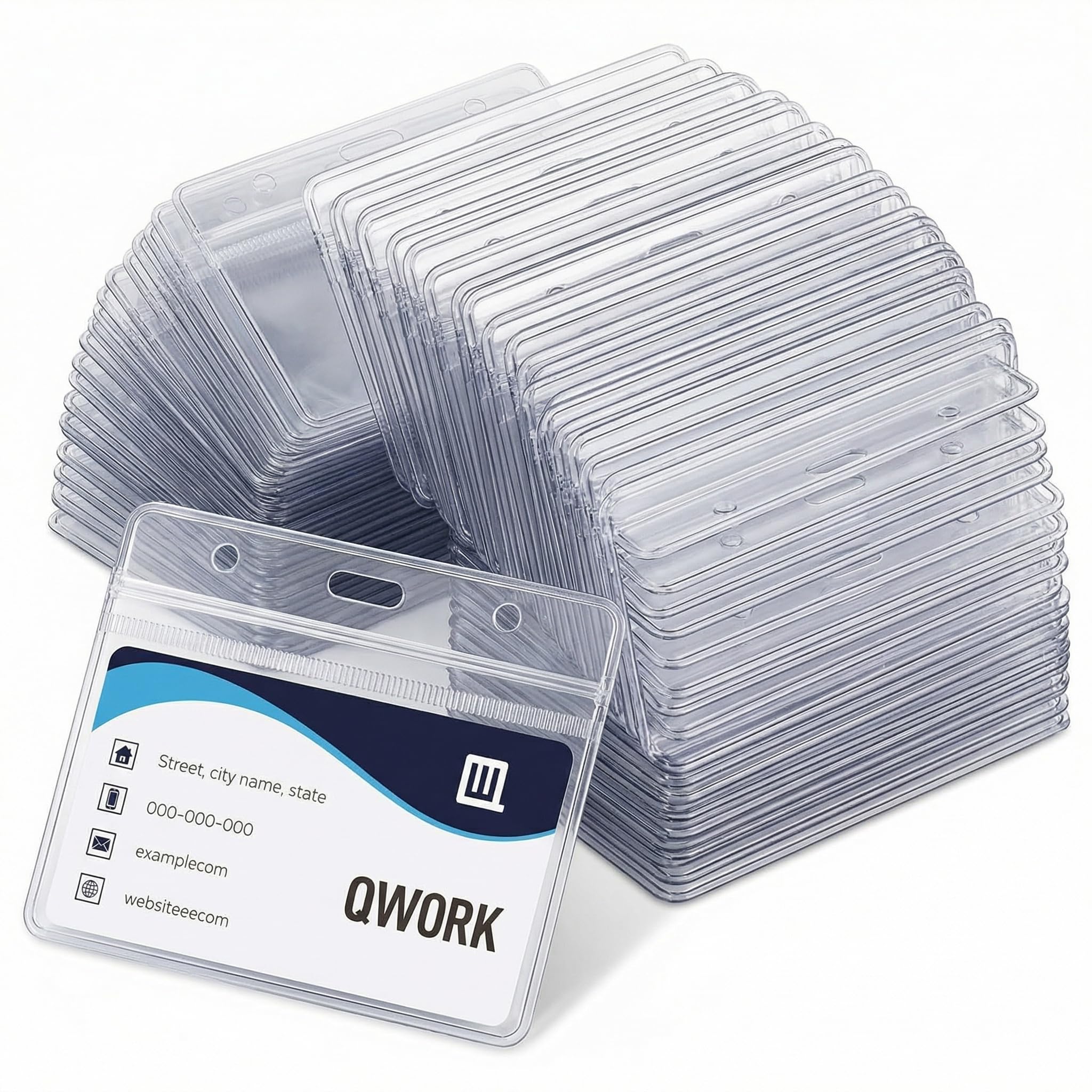 QWORK® Paquete de 100 Tarjeteros Horizontales para Cordón, 100x82 mm Funda de Tarjeta de Identificación Transparente, para Tamaño de Tarjeta 88x55 mm