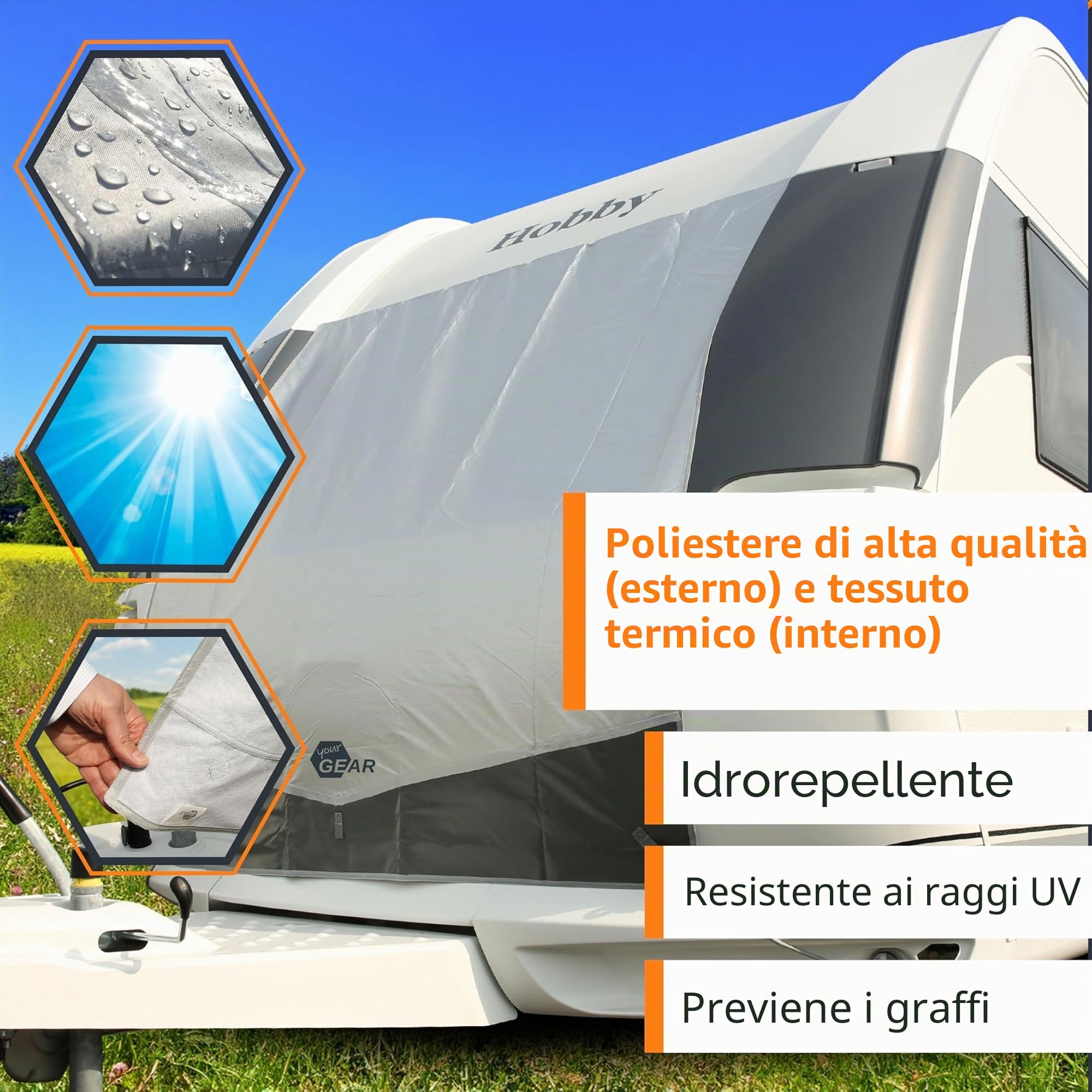 your GEAR Telone protettivo per roulotte, telo protettivo termico per roulotte, telone protettivo anteriore e posteriore (grigio, 165 x 160 cm (larghezza x lunghezza)