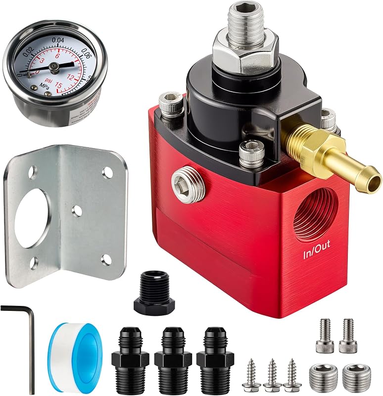 EVIL ENERGY Regulador de presión de combustible Carburador 4.5-9 PSI, 3/8" NPT con manómetro, Regulador de combustible de retorno de derivación para carburador con conexión de línea de referencia de vacío, Rojo