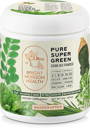 Bright Horizon Health Pure Super Green Jugo en polvo con 7 súper verdes para aumentar la energía, enzimas digestivas, equilibrio de pH,