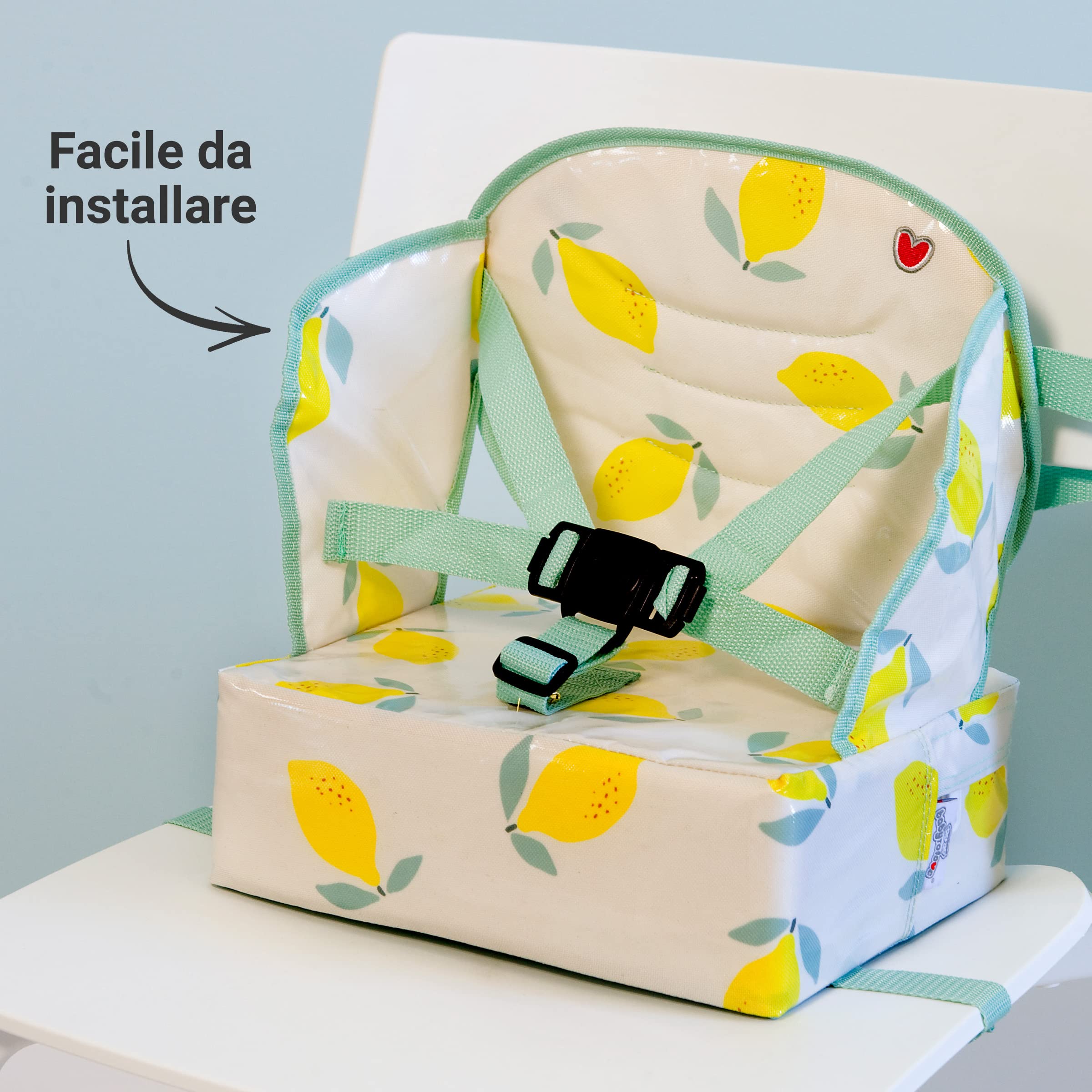 BabyToLove | Rialzo nomade pieghevole con cuscino morbido e imbracatura sicura per pasti all'aperto o a casa | Happy Lemon