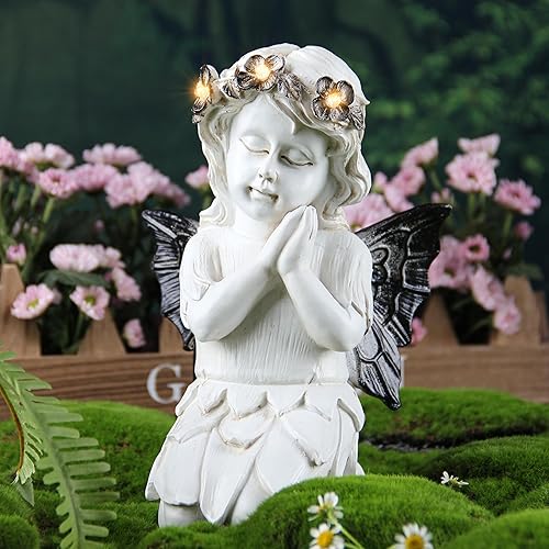 Leekung Estatuas de ángel para decoración de jardín, estatua de ángeles de jardín con luz solar, esculturas y estatuas de jardín, ángulo
