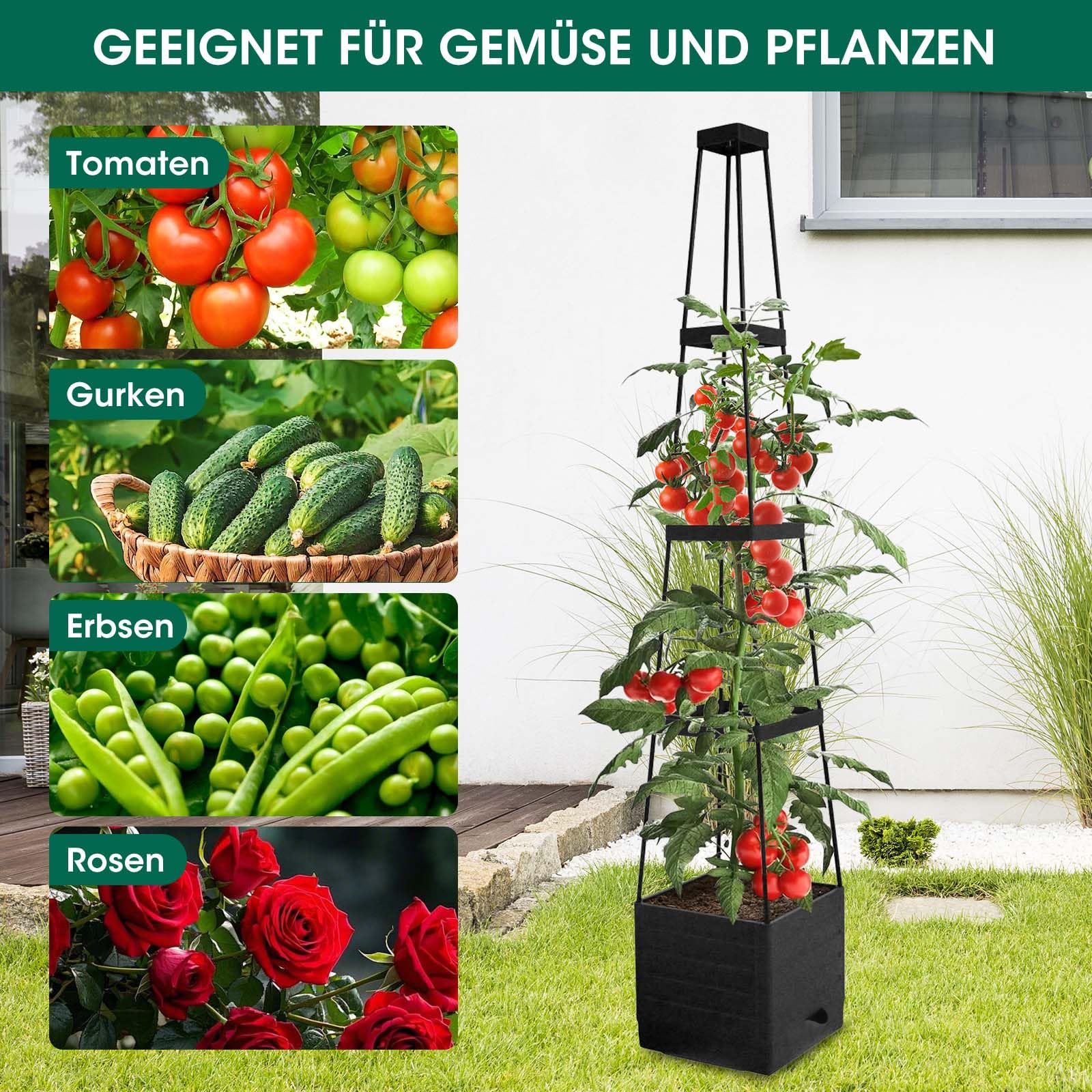 MYMULIKE 2 Stück Tomatentopf mit Rankhilfe, 145 cm Selbstbewässerung Tomaten Rankhilfe, Tomatenturm mit Wasserspeicher, Pflanzkübel Pflanzenstütze für kletternde Pflanzen/Blumen