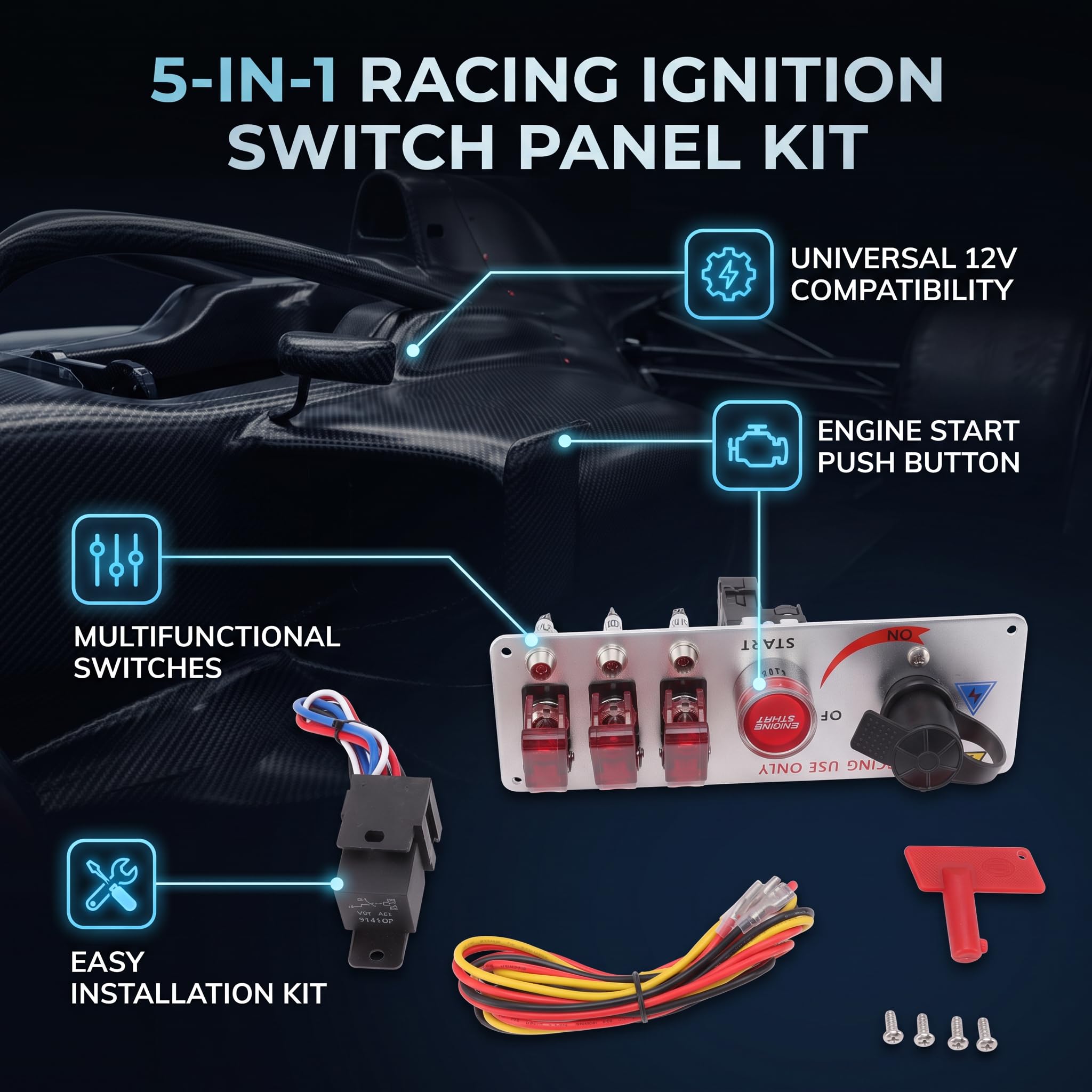 Yosoo Health Gear Pannello Interruttore di Accensione a Levetta 5 in 1 12V LED con Pulsante di Avvio Motore, Metallo Resistente per Auto da e Camion (rosso)