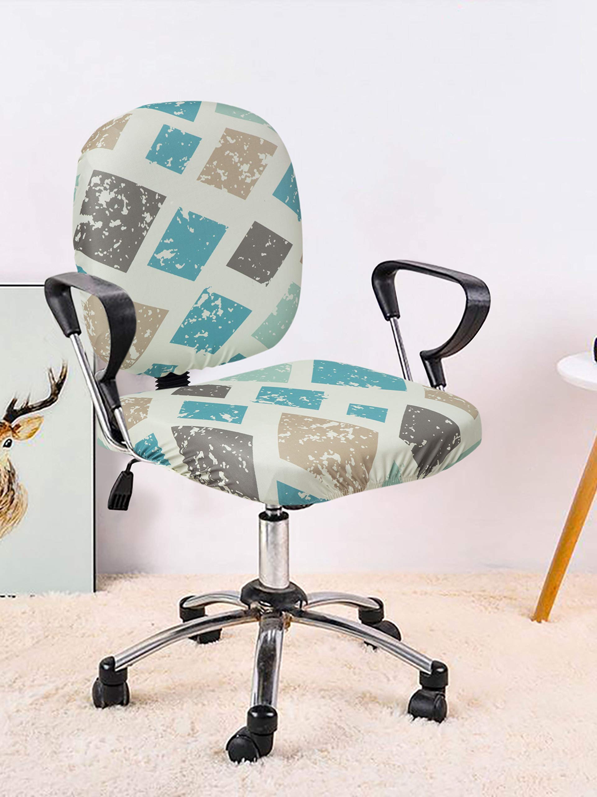 Cortina Computer Desk Seat Covers | Stretchable Elastic Polyester Spandex Cover | Removable Revolving Chair Protector | Office Chair Polyester Covers | Geometry Print – Blue 2 | Chair Cover Set of 1-image-29