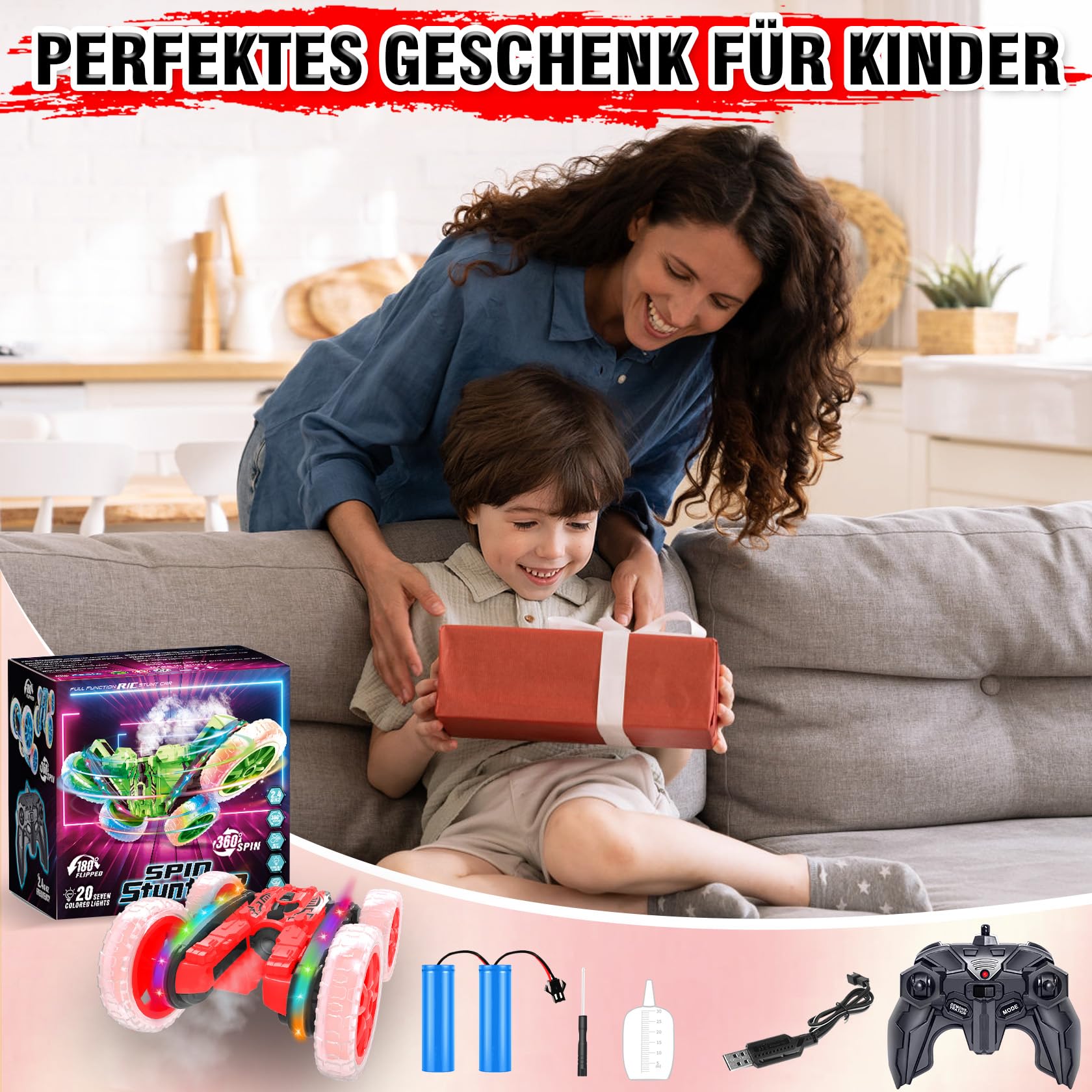 MidiVix Ferngesteuertes Auto für Kinder, Cool Lights 360° Spin Double Sided Flips RC Autos, Outdoor 4WD Off Road Stunt Car, Spielzeug für Jungen Mädchen Alter 6-12 Geburtstag Geschenk Rot