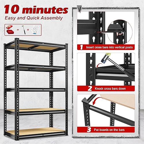Miniatura 9 de REIBII Estantes de almacenamiento ajustables de 5 niveles para garaje, estantería de metal resistente de 2020 libras, estante de despensa de 59.8