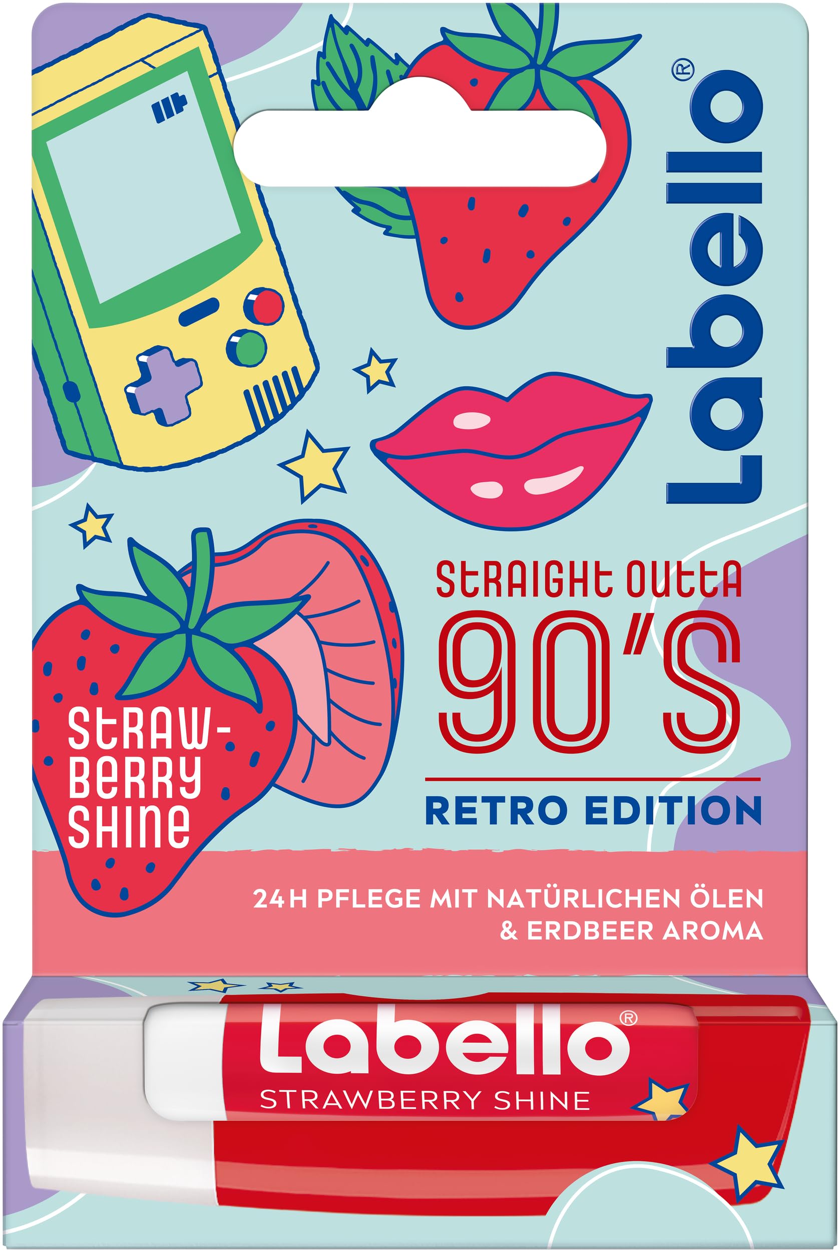 Labello Strawberry Shine Straight Outta 90's Retro Edition, duftender Lippenpflegestift mit natürlichen Ölen und Erdbeeraroma, pflegender Lippenbalsam mit zartem Glanz (4,8 g)