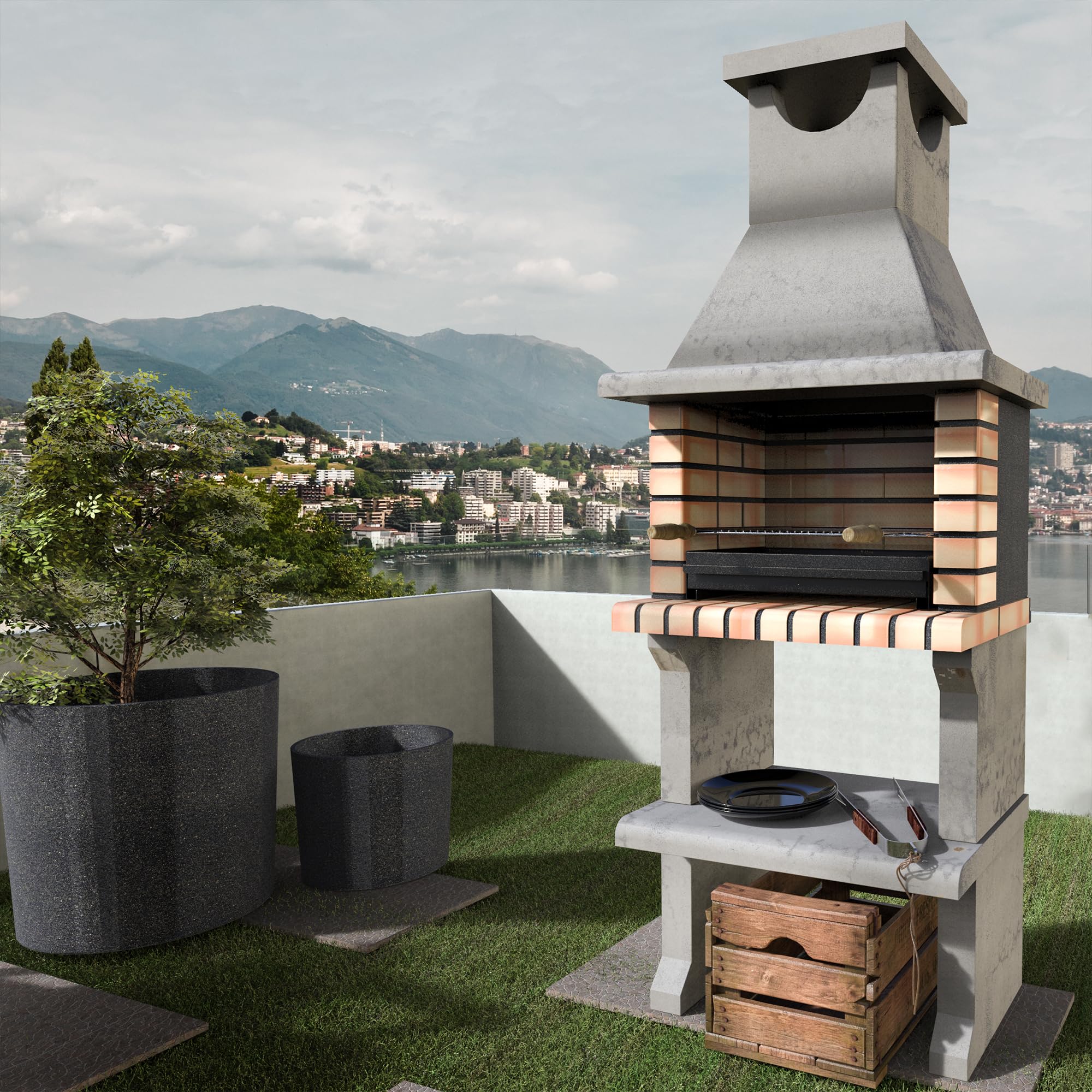 MOVELAR - Barbacoa de Obra Prefabricada de Leña y Carbón Modelo Luna XL (Gris, Naranja - 73 x 47 x 190 cm) REF: 3540/1 - Cocina de Exterior Compacta para Jardín, Terraza o Patio