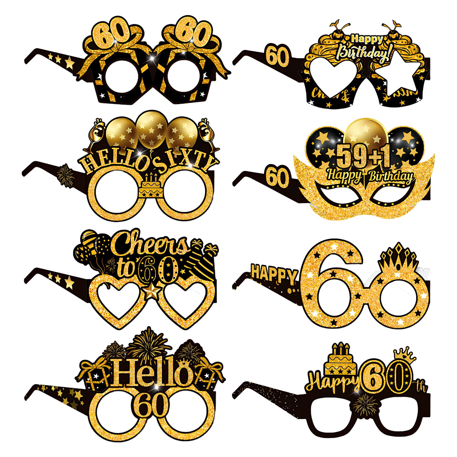 Tevora 8Pcs 60th Birthday Paper Glasses, Black and Gold Birthday Photo Props, Funny Paper Eyeglasses for 60 Years Old Milestone Party Decorations