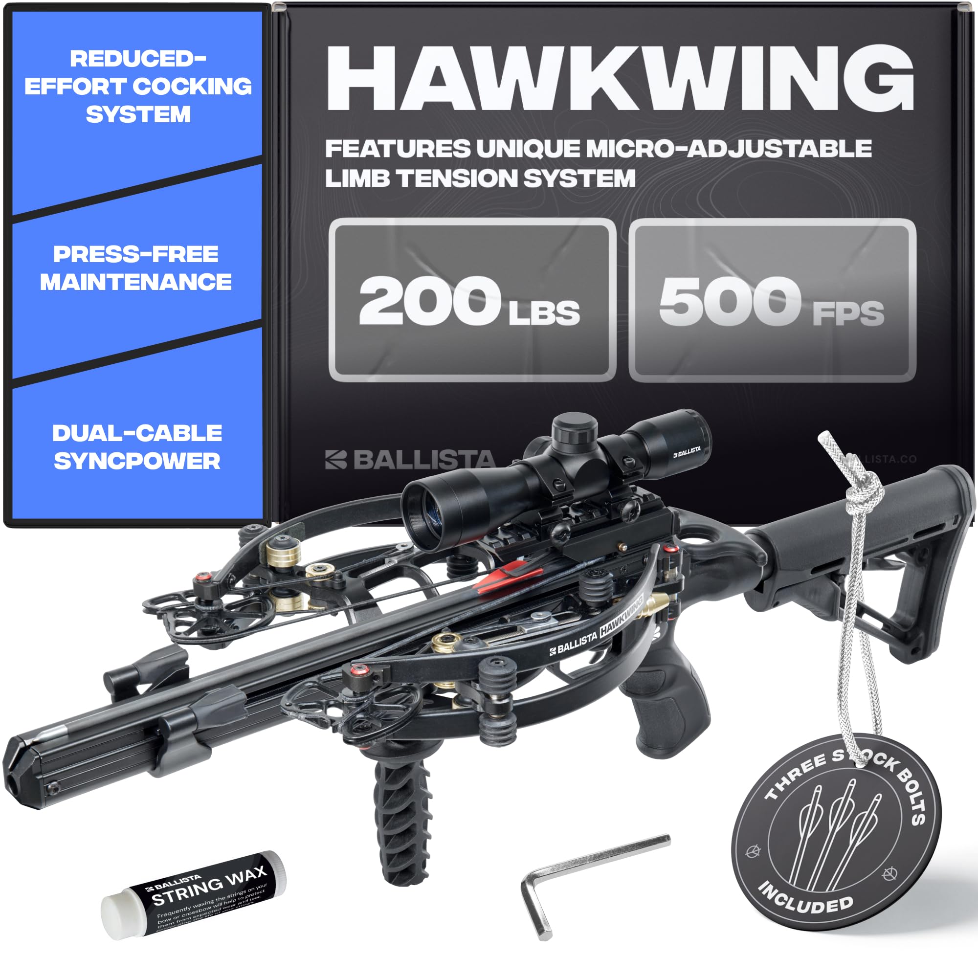 BALLISTA Hawkwing Adjustable Crossbow with Micro-Adjust Draw Weight, Hex-Key Maintenance, Dual-Cable System, Dry-Fire Protection, Up to 500 FPS, 200 lb Draw Weight, 4.8 lbs