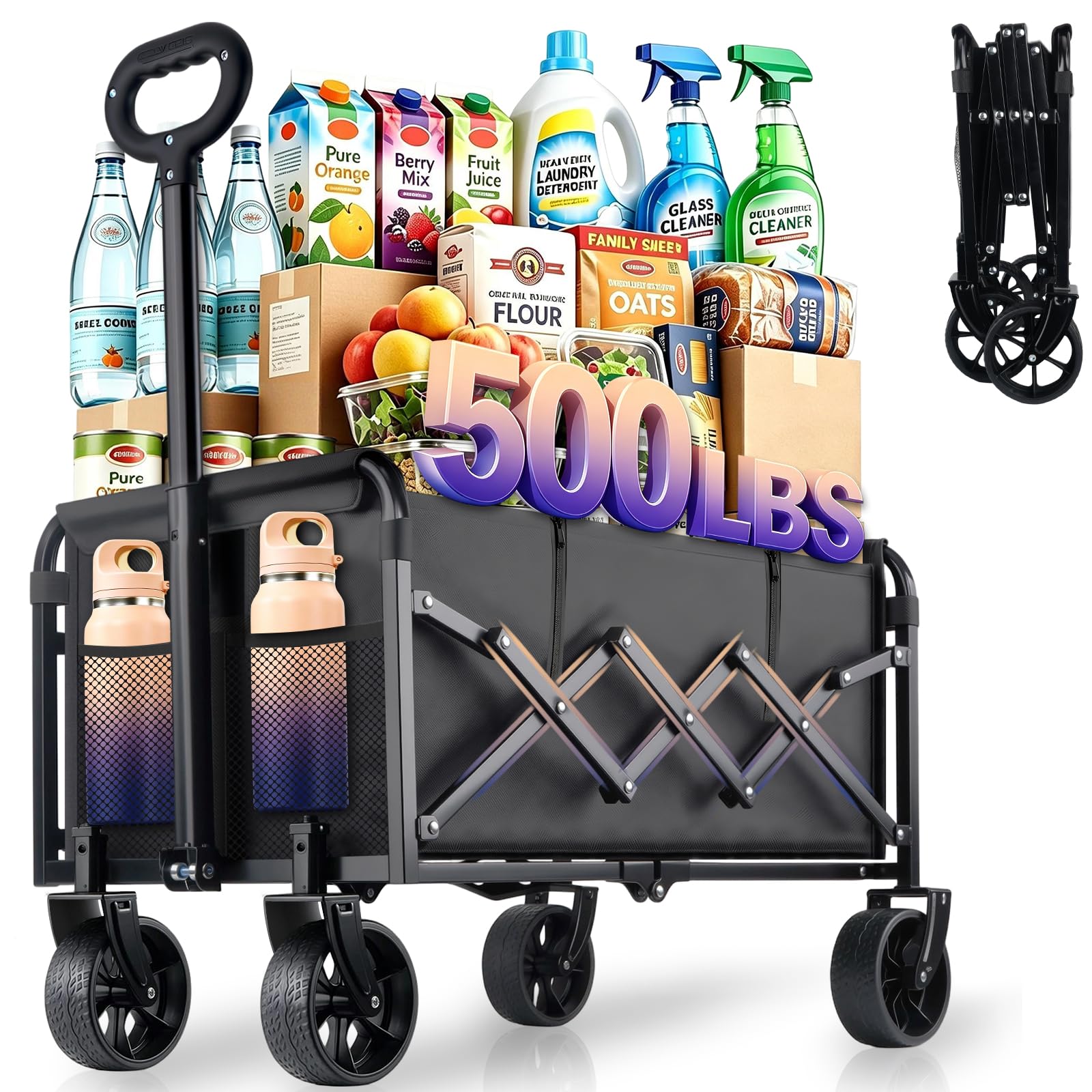 500LBS Heavy Duty Folding Wagon - Collapsible All-Terrain Utility Cart