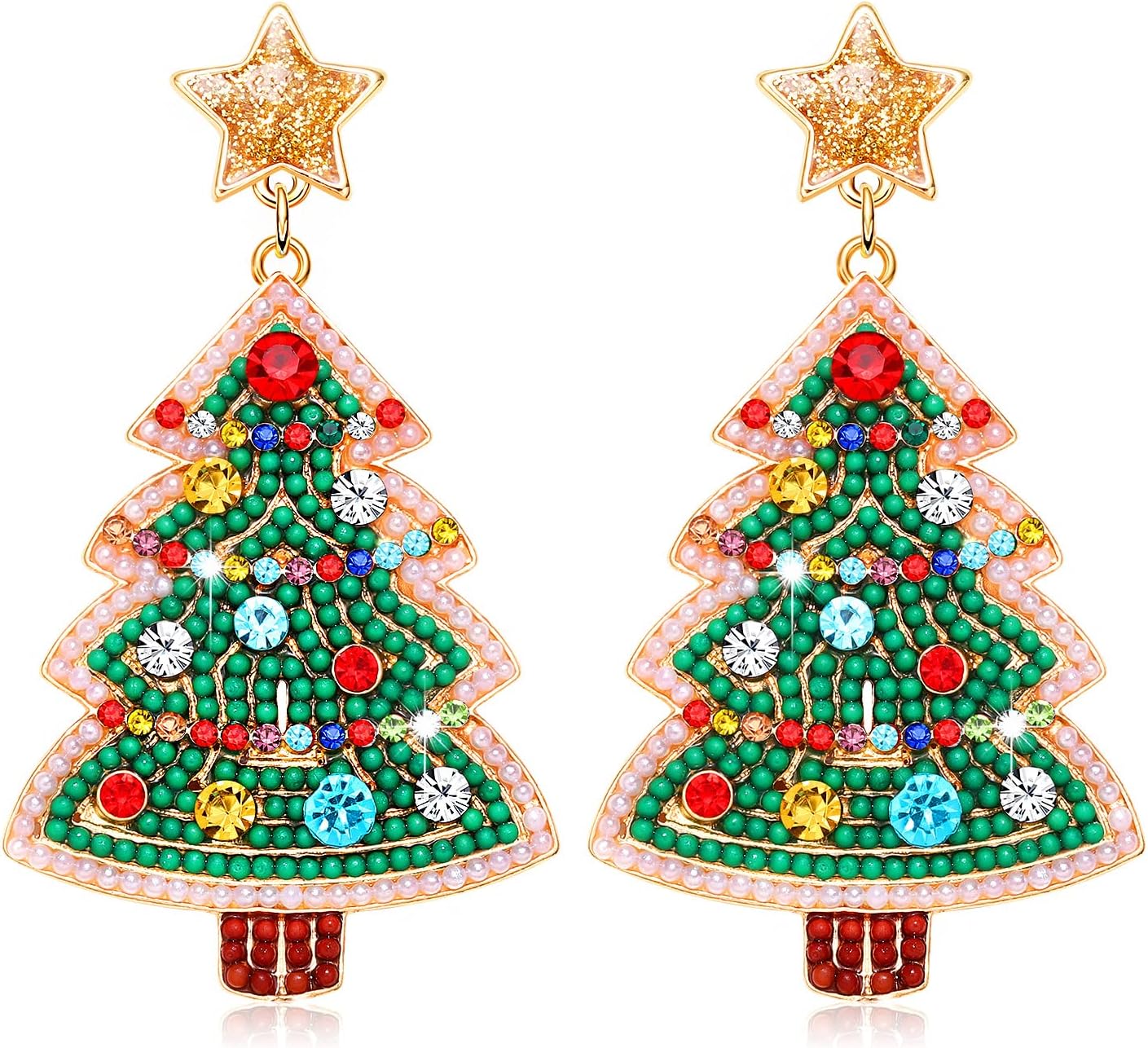 NVENF Christmas Earrings for Women Rhinestone Xmas Tree Earrings Beaded Holiday Ugly Sweater Drop Dangle Earrings Festive Earrings Christmas Party Gifts