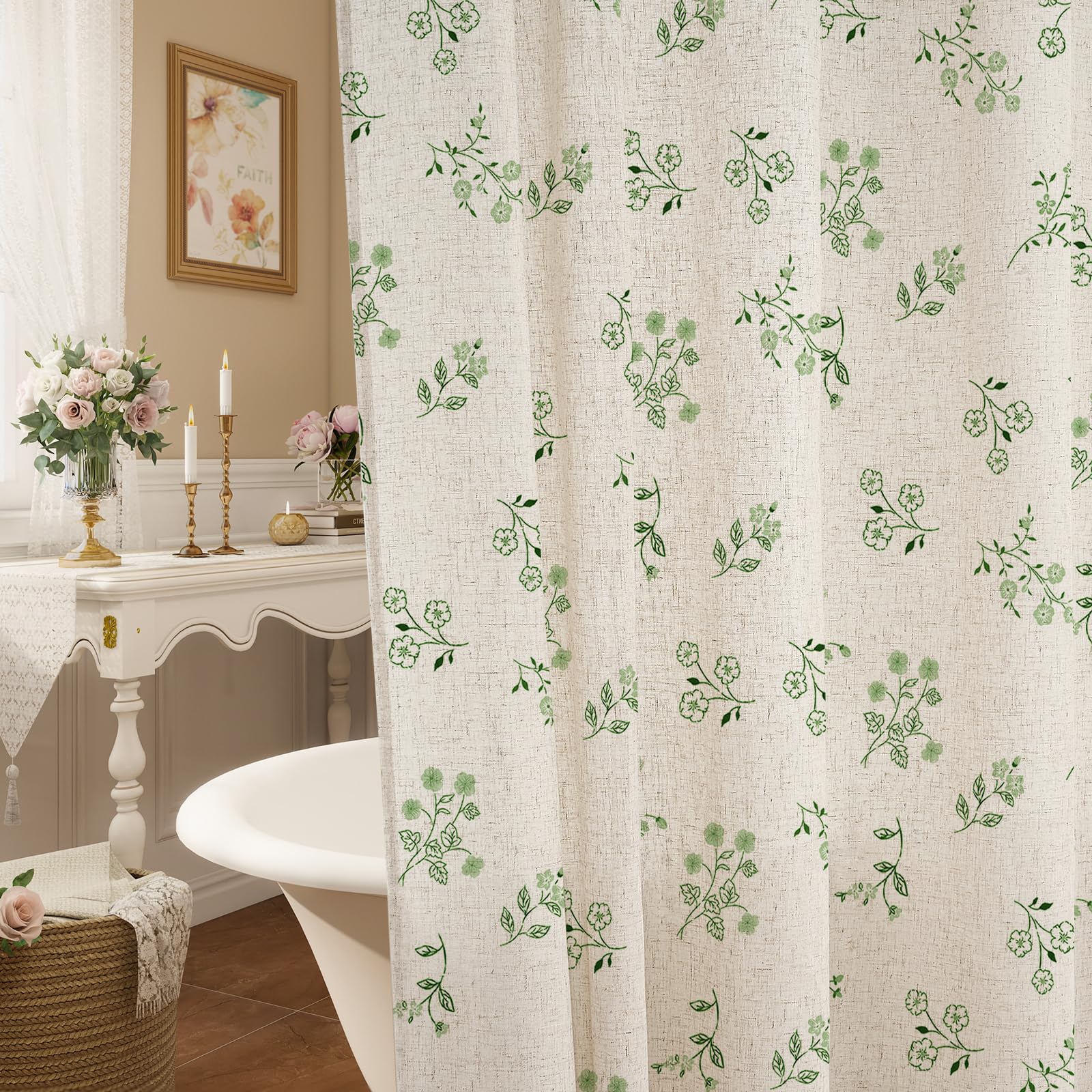 MitoGadget Farmhouse Floral Linen Shower Curtain, Green Garden Botanical Fabric Shower Curtains for Cottage Chic Bathroom Decor, Boho Vintage Spring Bath Curtain, French Country Style, 72 x 72