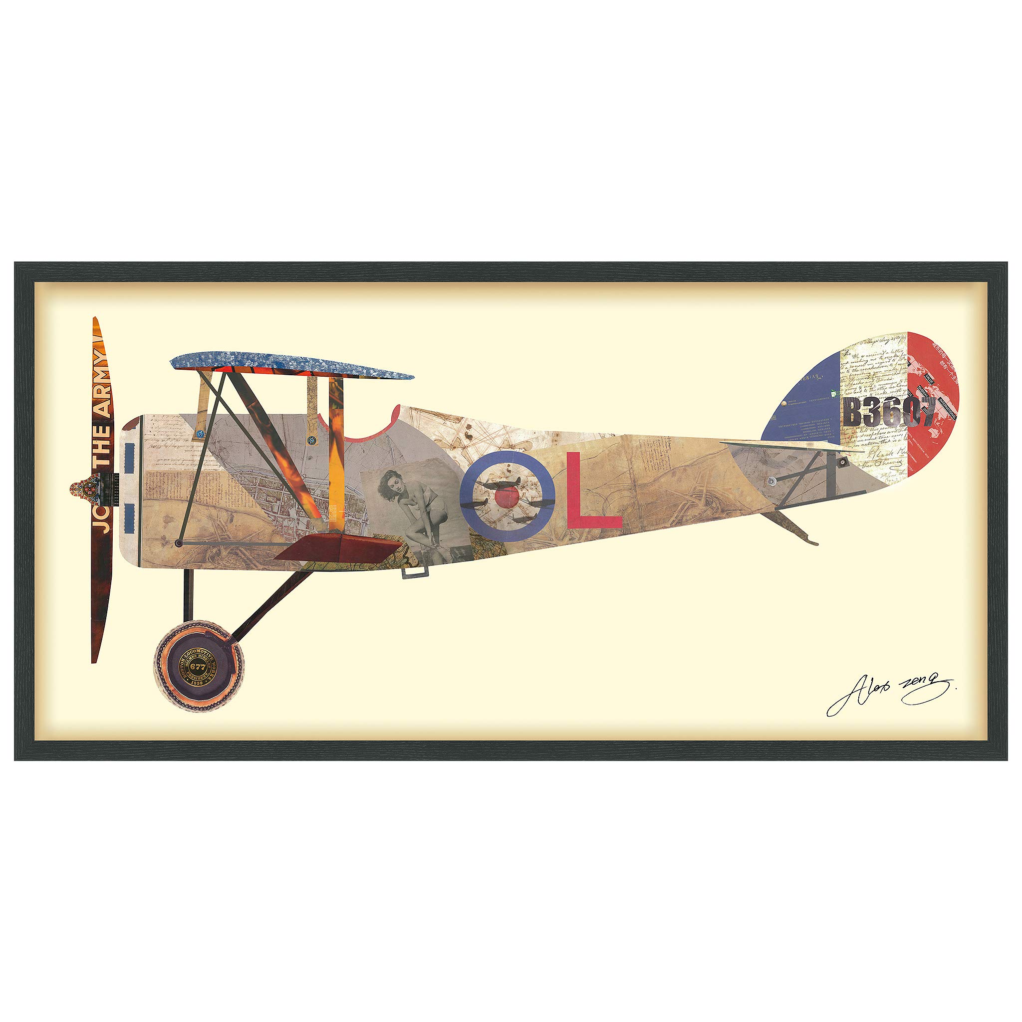 Empire Art Direct Antique Biplane #1 Airplane Dimensional Collage Handmade by Alex Zeng Framed Graphic Aircraft Wall Art, 25" x 48" x 1.4", 2