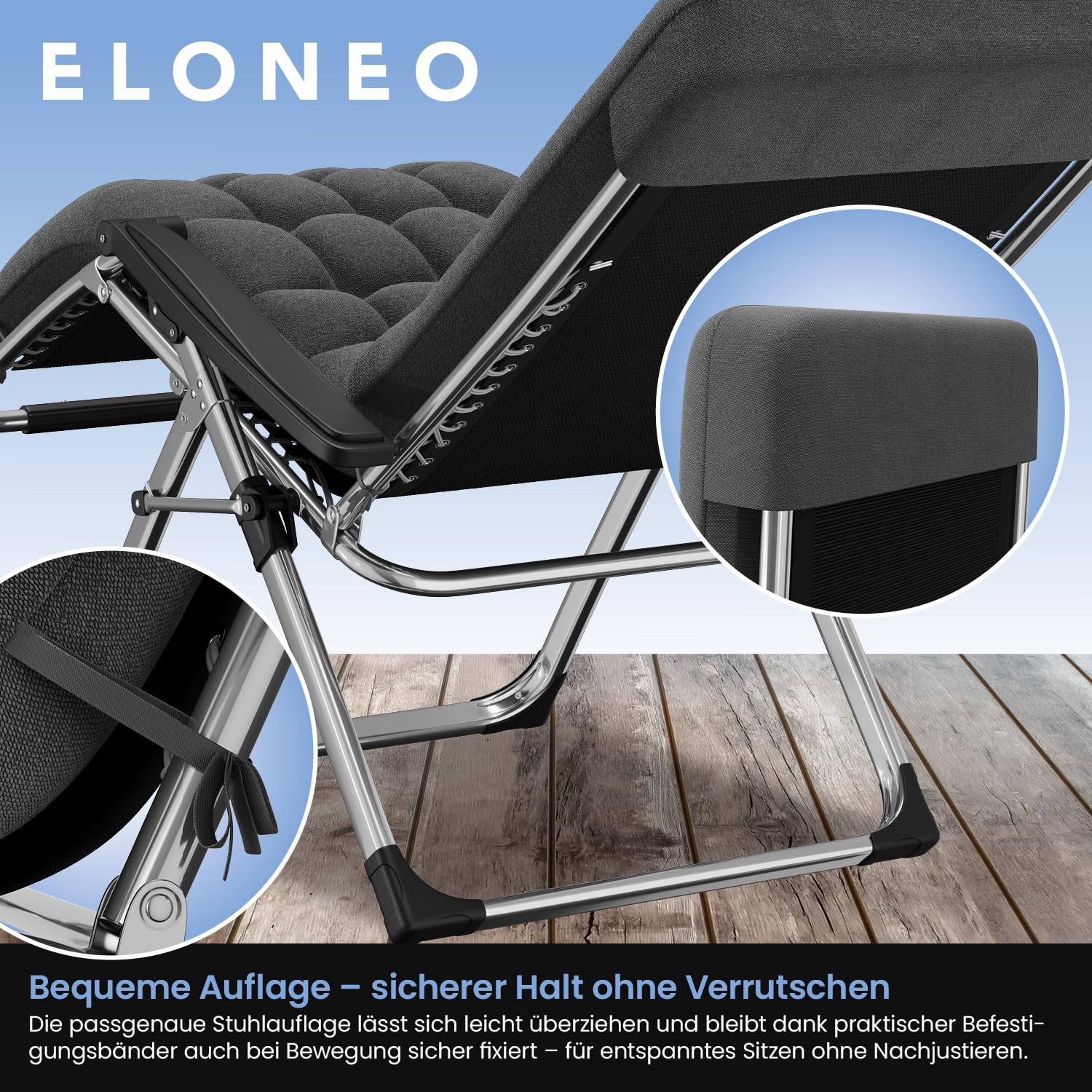 ELONEO Liegestuhl klappbar inkl. Premium Polster, Sonnenliege wetterfest mit 200 kg Belastbarkeit, Gartenstuhl extra breit, Gartenliege mit Verstellbarer Rückenlehne, Nackenkissen und Getränkehalter