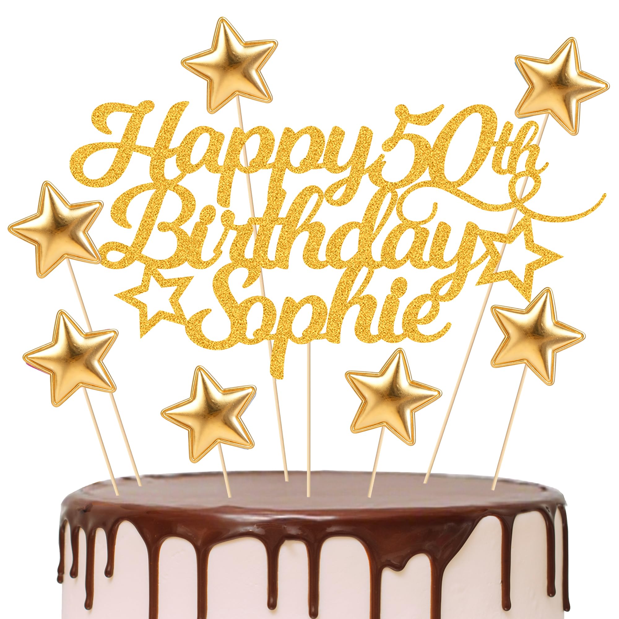 Personalised Happy Birthday Cake Topper Customised with Any Age Name Party Cake Decoration 16 18 21 40 60 Double Sided Glitter Card (with Gold Star Set)