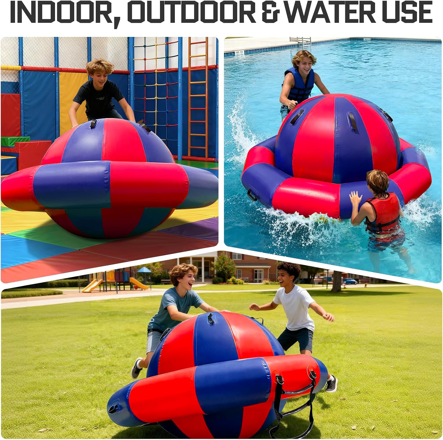 OZIS 6.5x3.6 FT Inflatable Dome Rocker Water Bouncer with Electric Pump, 380 LBS Weight Capacity, Bounce, Climb & Tilt Toy with 6 Handles, Giant Outdoors Blow Up Bouncer Ball for Pool, Backyard, Lake