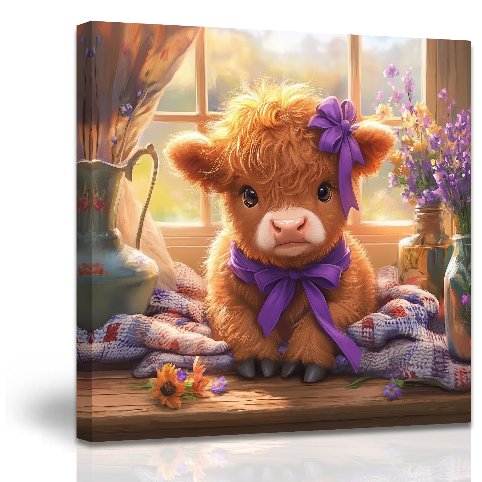 ZXHYWYM Cute Highland Cow Baby Canvas Wall Art Rustic Farmhouse Picture Prints Brown Cow with Flowers Painting for Kitchen Children's Room Bathroom Decor (Orange, (50L x 50W cm))