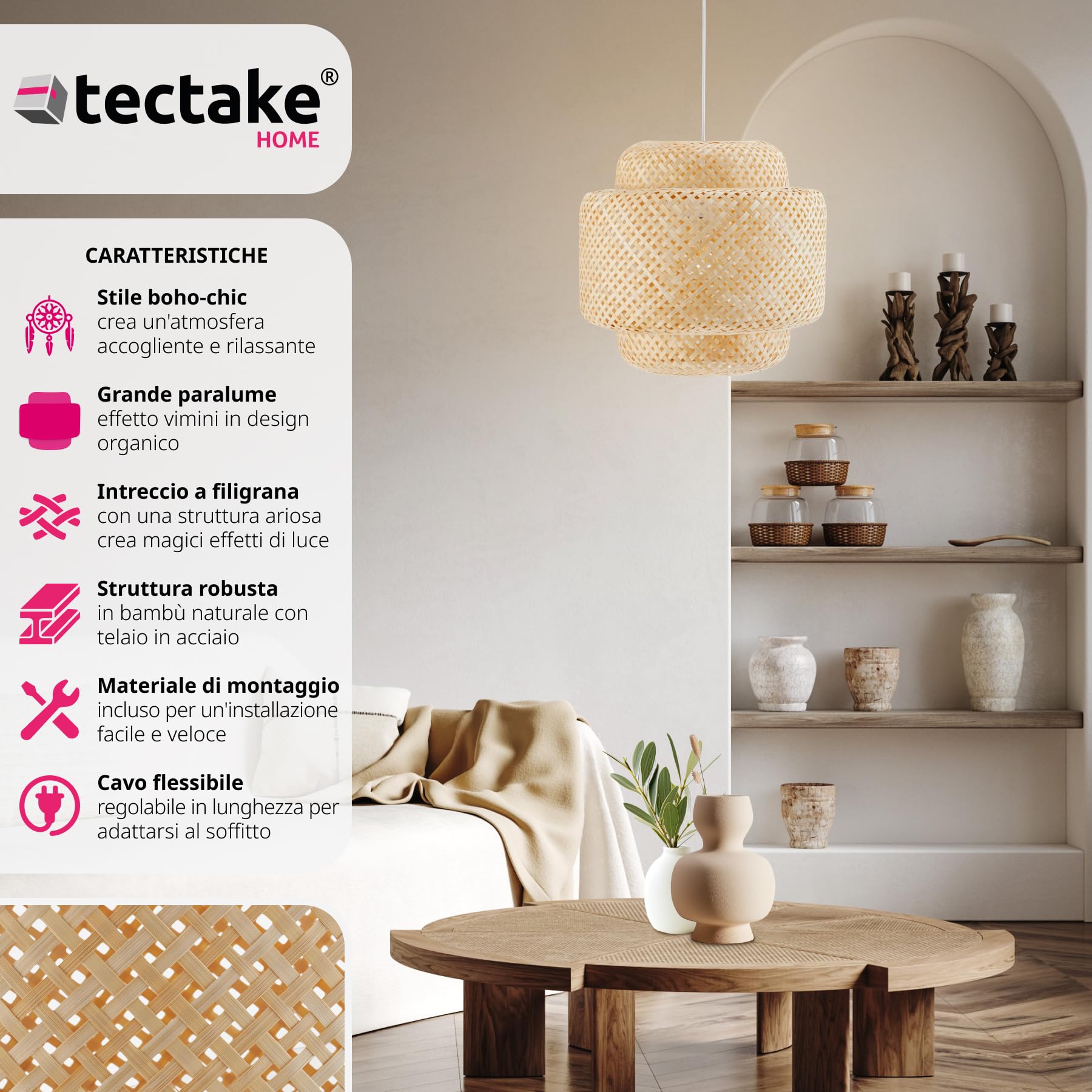 tectake® Lampada da Soffitto con Paralume in Bambù Intrecciato, Plafoniera Grande per Salotto o Camera, Stile Boho Chic, Telaio Robusto in Acciaio, Cavo Regolabile - Marrone