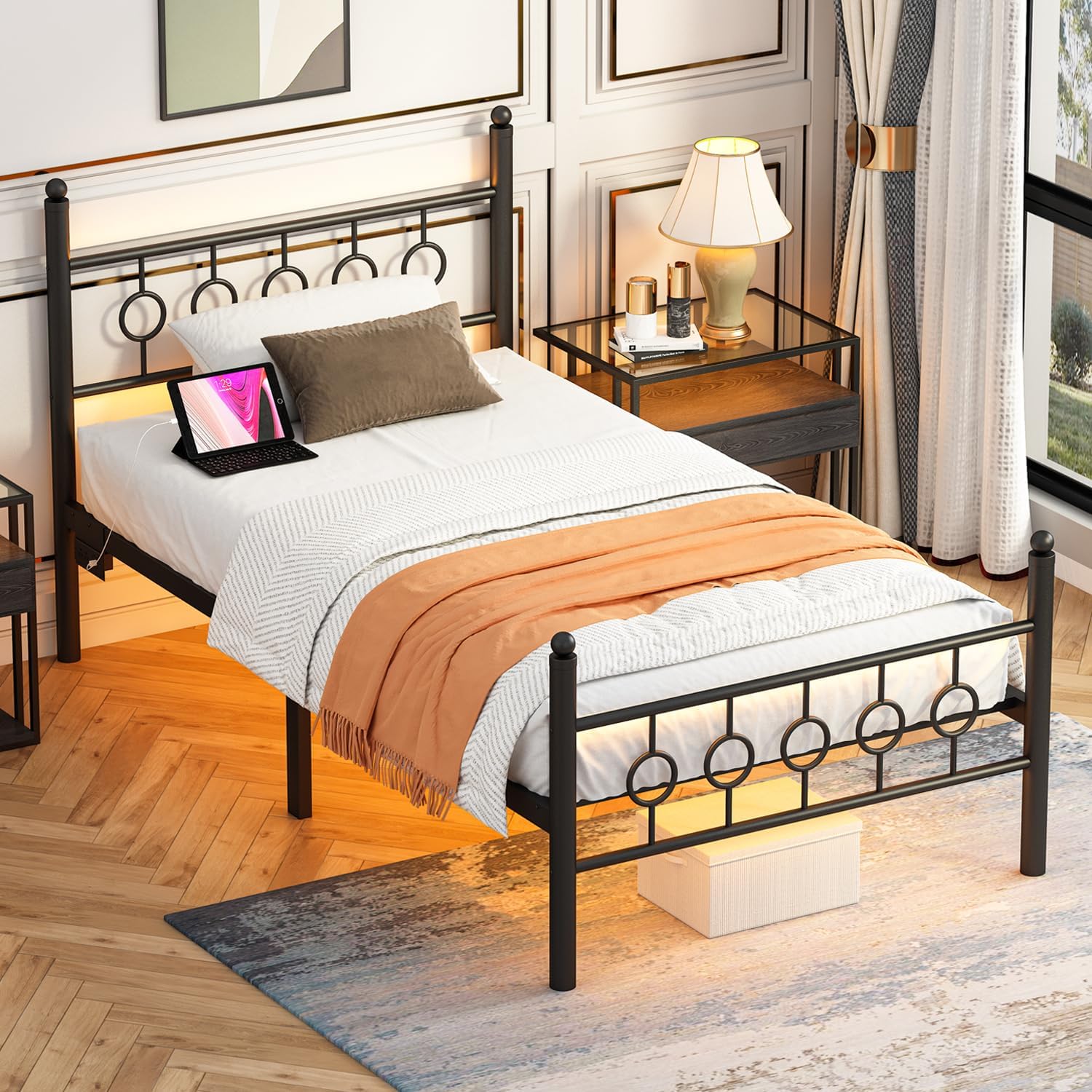 Twin Bed Frames with Headboard, LED Bed Frame with Charging Station, Metal Platform, Under-Bed Storage, No Box Spring Needed, Noise Free, Easy Assembly, Black - Image 7