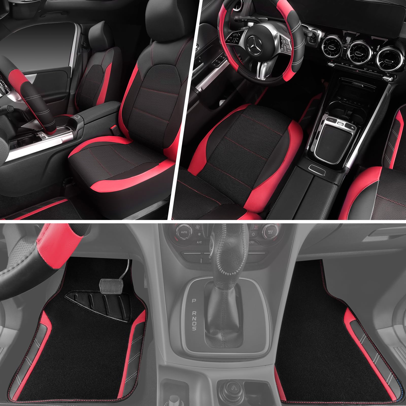 CAR PASS Air Mesh Leather Car Seat Covers for Front Seats Waterproof Car Floor Mats Sporty Steering Wheel — view 3