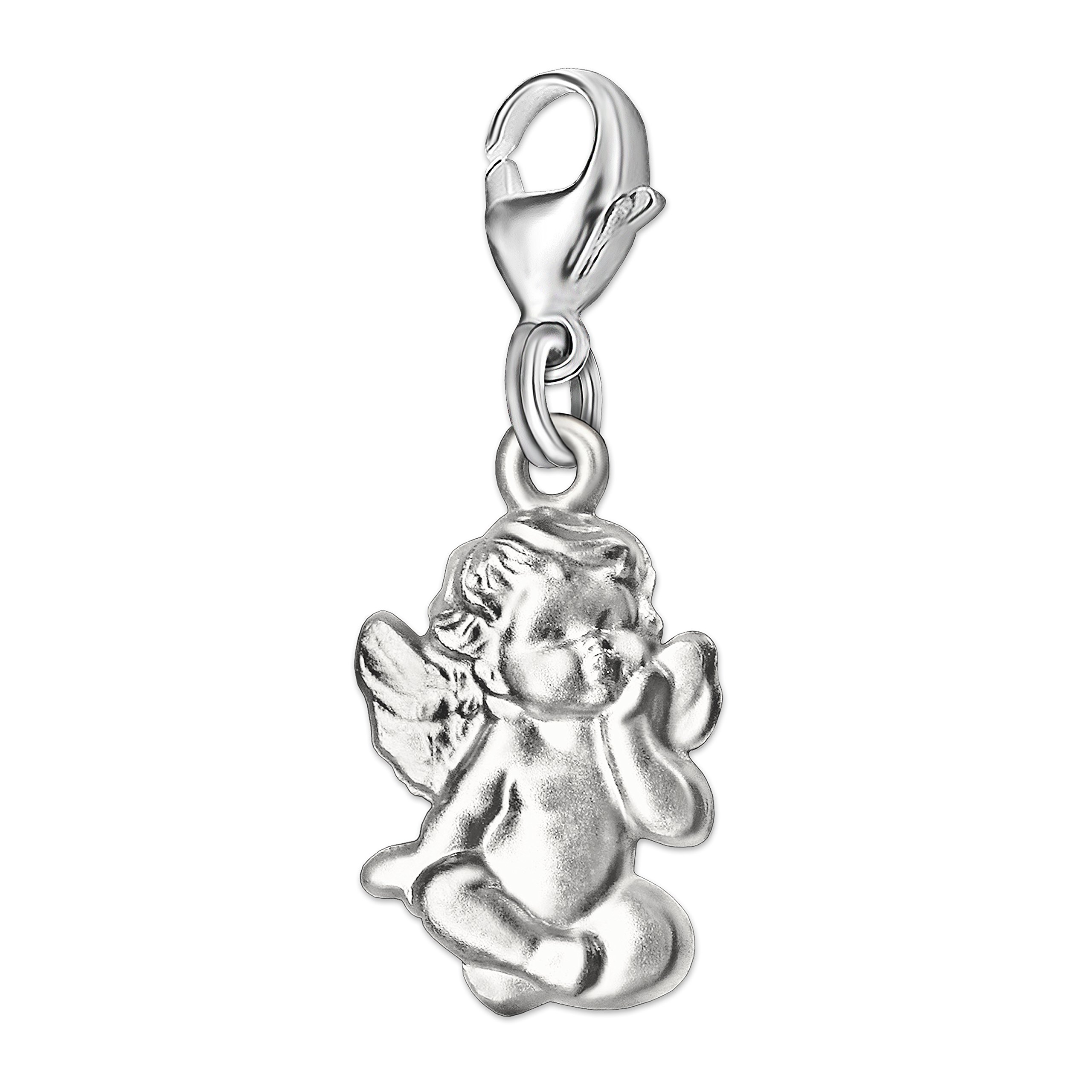 CLEVER SCHMUCKSilver Ladies Charm Pendant Little Angel in Tailor's Seat 12 mm Satin Matte 925 Sterling Silver for Charm Bracelet, Charm Bracelet in Gift Box, Sterling Silver, No gemstone.