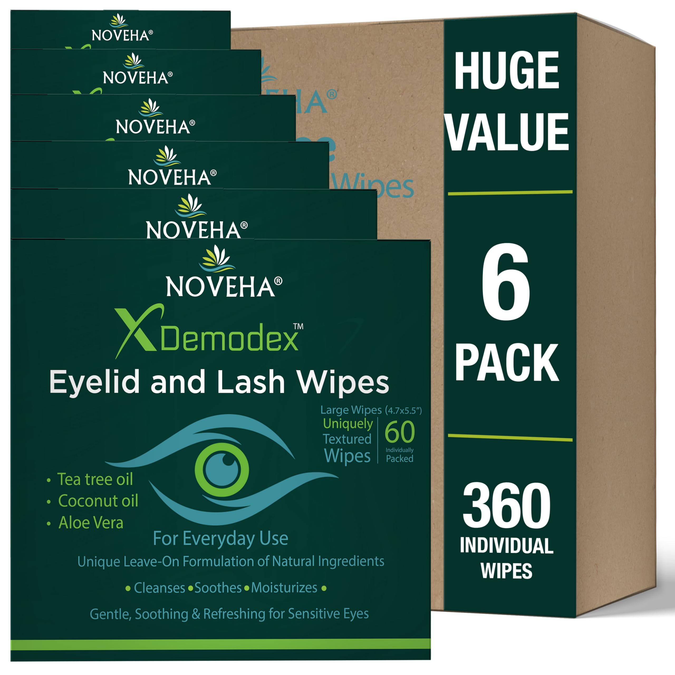 NOVEHA 360PCs Demodex Eyelid & Lash Wipes | Box of 60 Individually Wrapped Extra Strength Cleansing Eyelash Wipes - Battles Irritated Eyes - Naturally