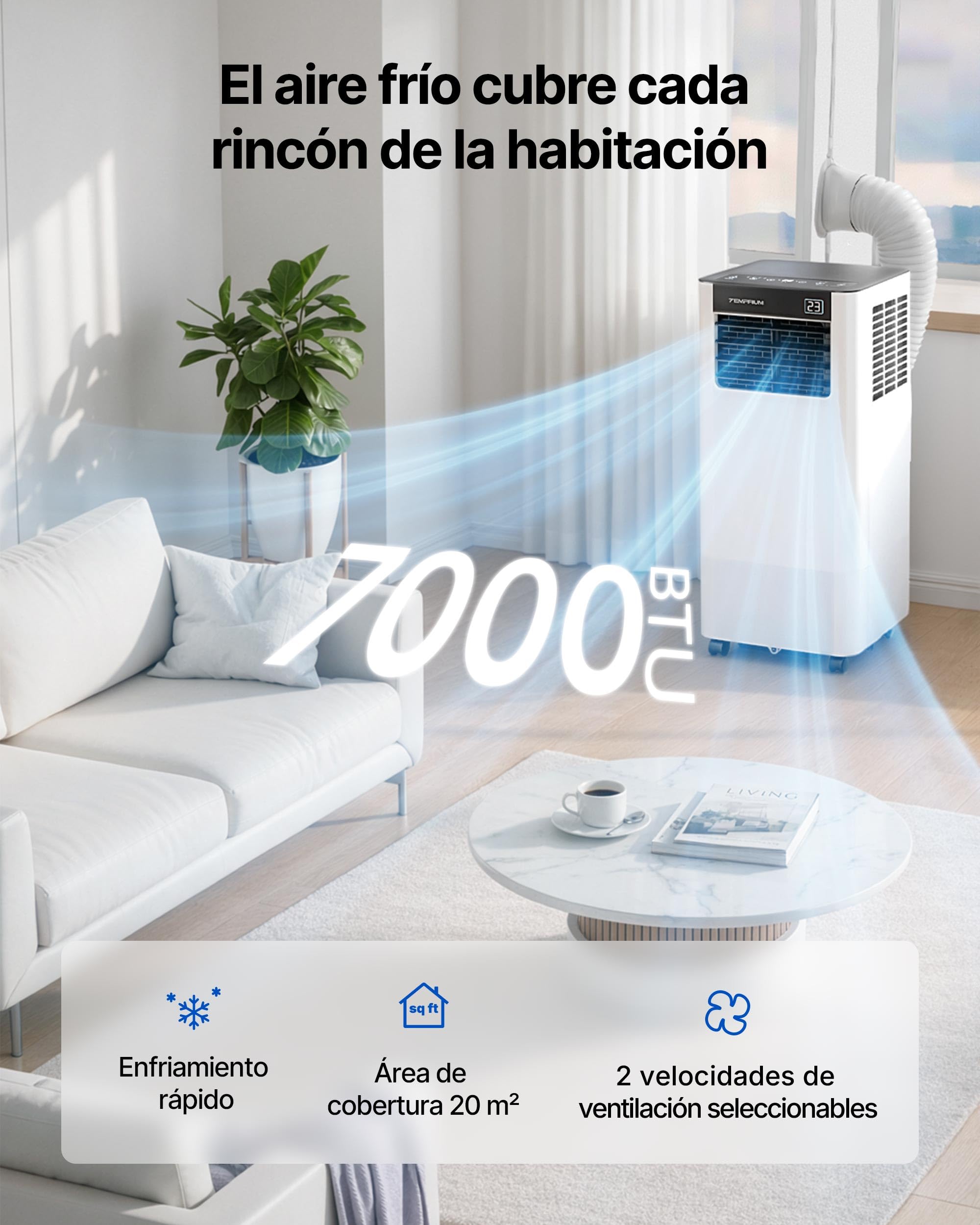 Aire Acondicionado Portátil 7000 BTU, Climatizador 3 en 1, Kit Ventana Incluido, Control App/Mando, Silencioso <48 dB, Temporizador 24 H, Hasta 20 m²