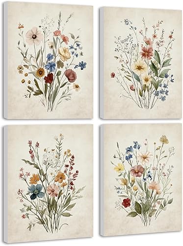 KUVIOKE Ramo de flores silvestres vintage, arte de pared con marco antiguo, ilustraciones botánicas de flores retro, ilustraciones coloridas