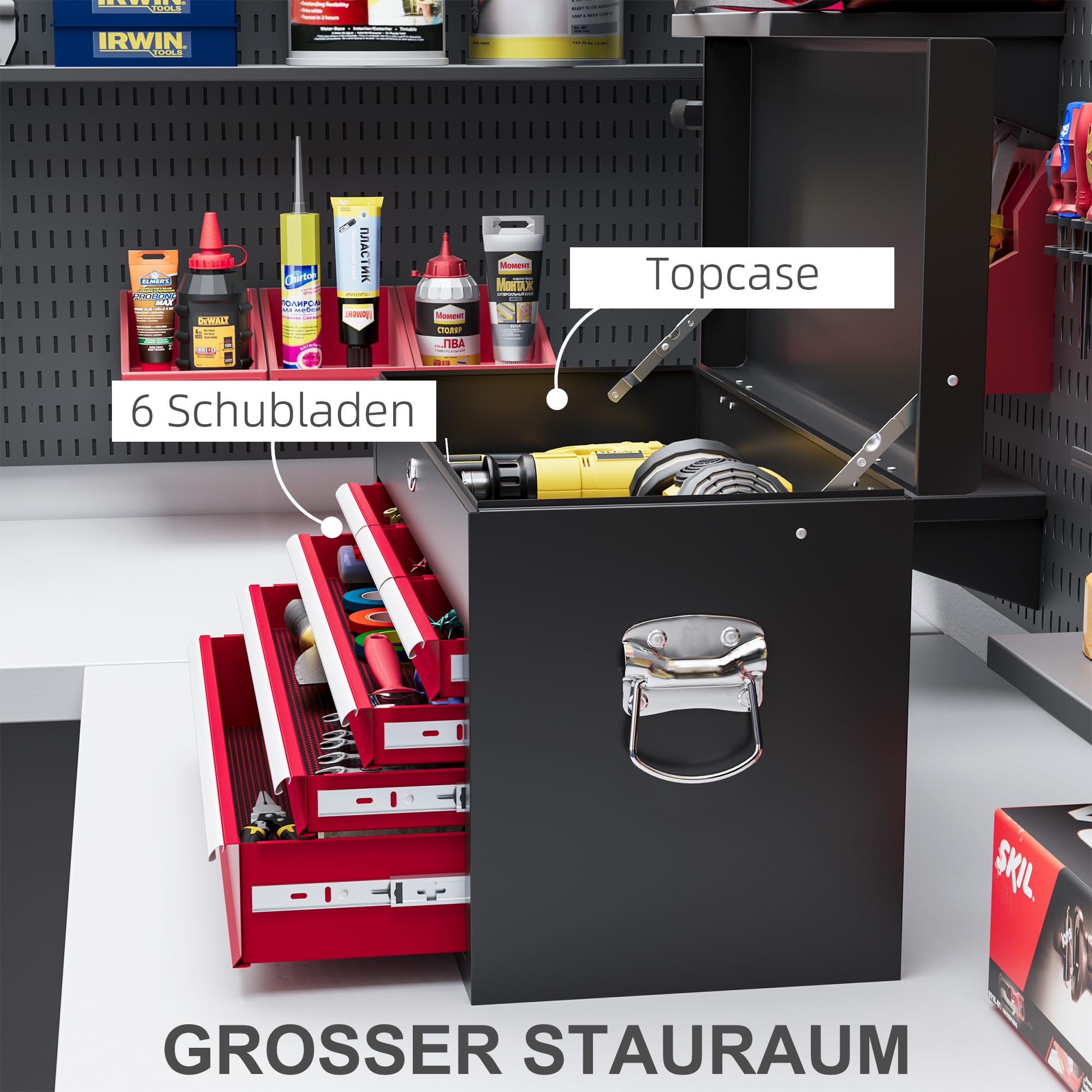 HOMCOM Caja de herramienta resistente, 6 cajones, cierre de metal, asa de transporte, para hogar y taller, negro y rojo | Caja de herramientas de metal para herramientas, hogar, taller