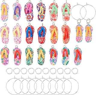 SUNNYCLUE 1 Box 40Pcs Wine Glass Charms DIY Polymer Clay Flip Flops Drink Charm Markers Random Wine Tags Glasses with Wine Glass Rings for Holiday Birthday Beach Wine Accessories Favors Party
