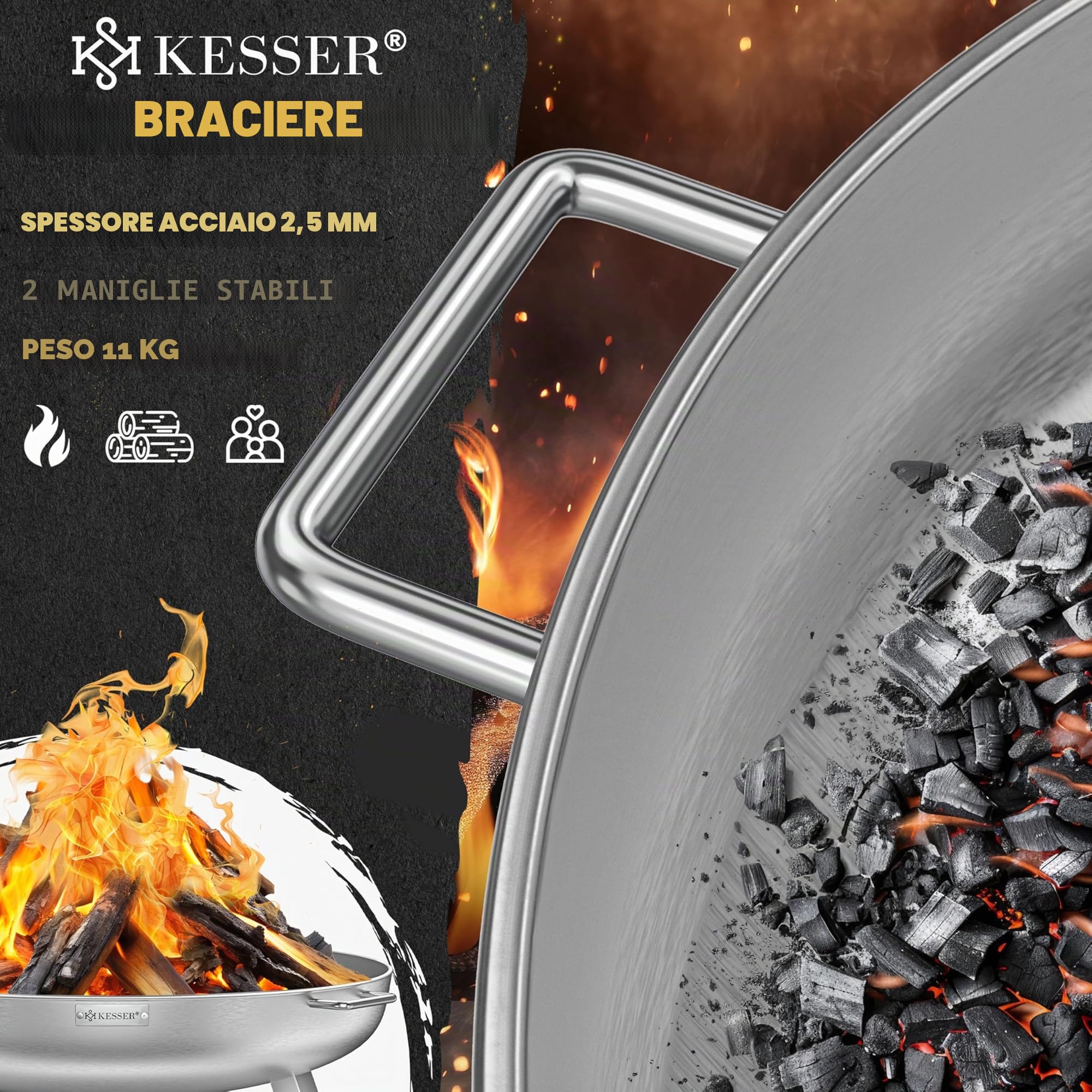 KESSER Braciere da 2,5 mm di spessore, in acciaio legato, Ø 80 cm, braciere con gancio da 42 cm, scarico dell'acqua in ghisa e 2 maniglie stabili, braciere per camino in legno e carbone, per giardino