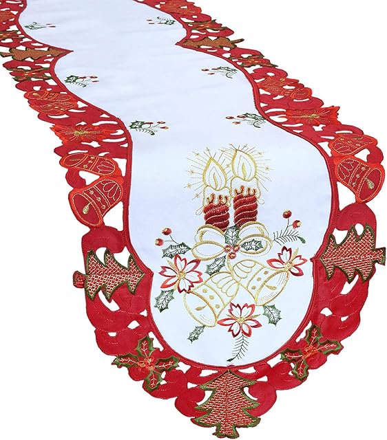 Grelucgo Embroidered Christmas Holiday Table Runner (Red, 14 by 69 inches)