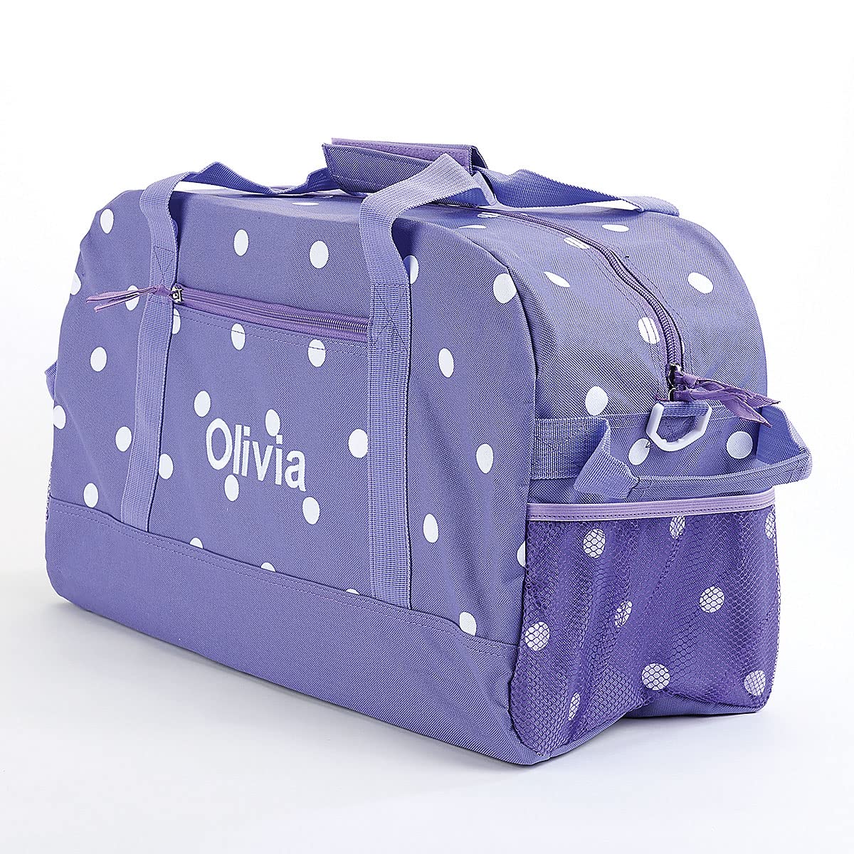 Lillian Vernon Personalized Duffel Bag for Kids, Roomy Purple and White Polka Dot Weekender With Front & Side Compartment, Customizable Girls Sports & Travel Bags With Custom Name, 9