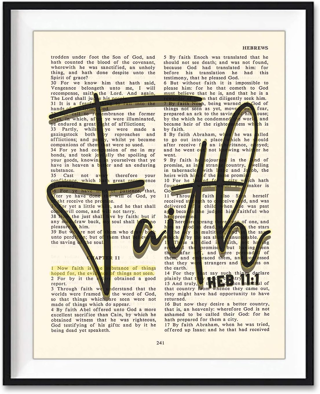 Hebrews 11:1, Proverbs 3:5, Ephesians 2:8, Matthew 11:28 Art Prints, Set of 4, Unframed, Faith, Trust, Grace, Rest, Vintage Bible Page Verse Set Wall Decor Posters, 8x10