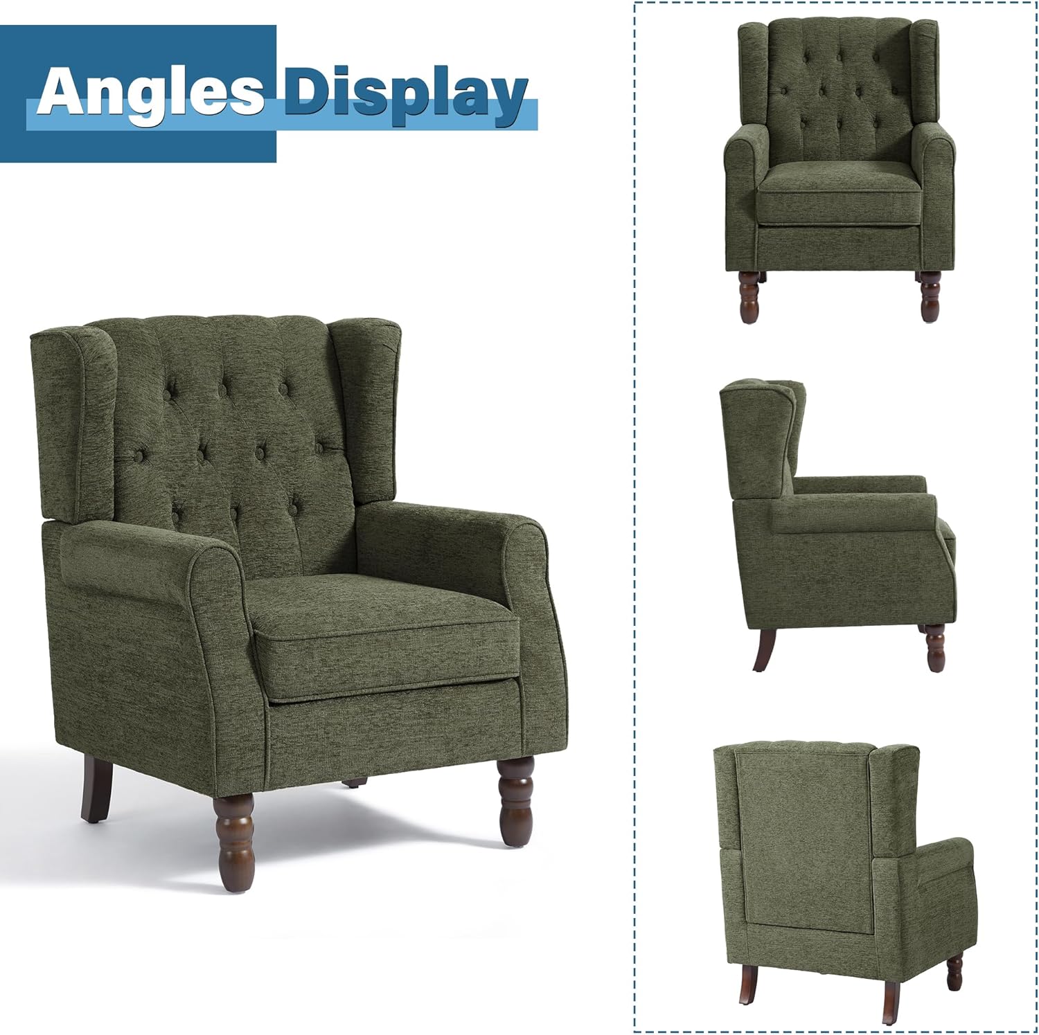 Wingback Accent Chair, High Back Arm Chair for Living Room, Button-Tufted Upholstered Fabric Armchair with Solid Wood Legs, Comfy Single Sofa Reading Chair for Bedroom, Green