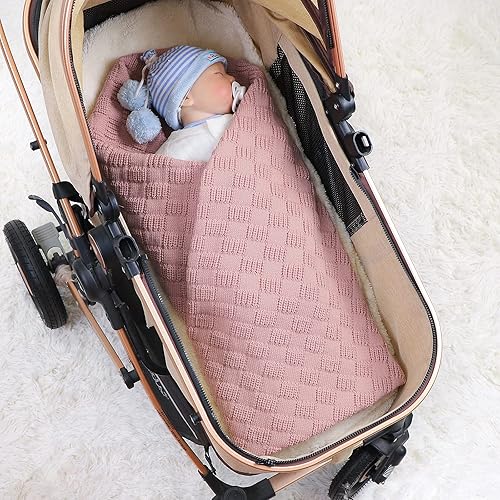 Miniatura 30 de Lawkul Mantas de ganchillo para bebé, manta de punto gofre celular para recién nacido, manta de punto trenzado para niños y niñas, tamaño 40 x 30
