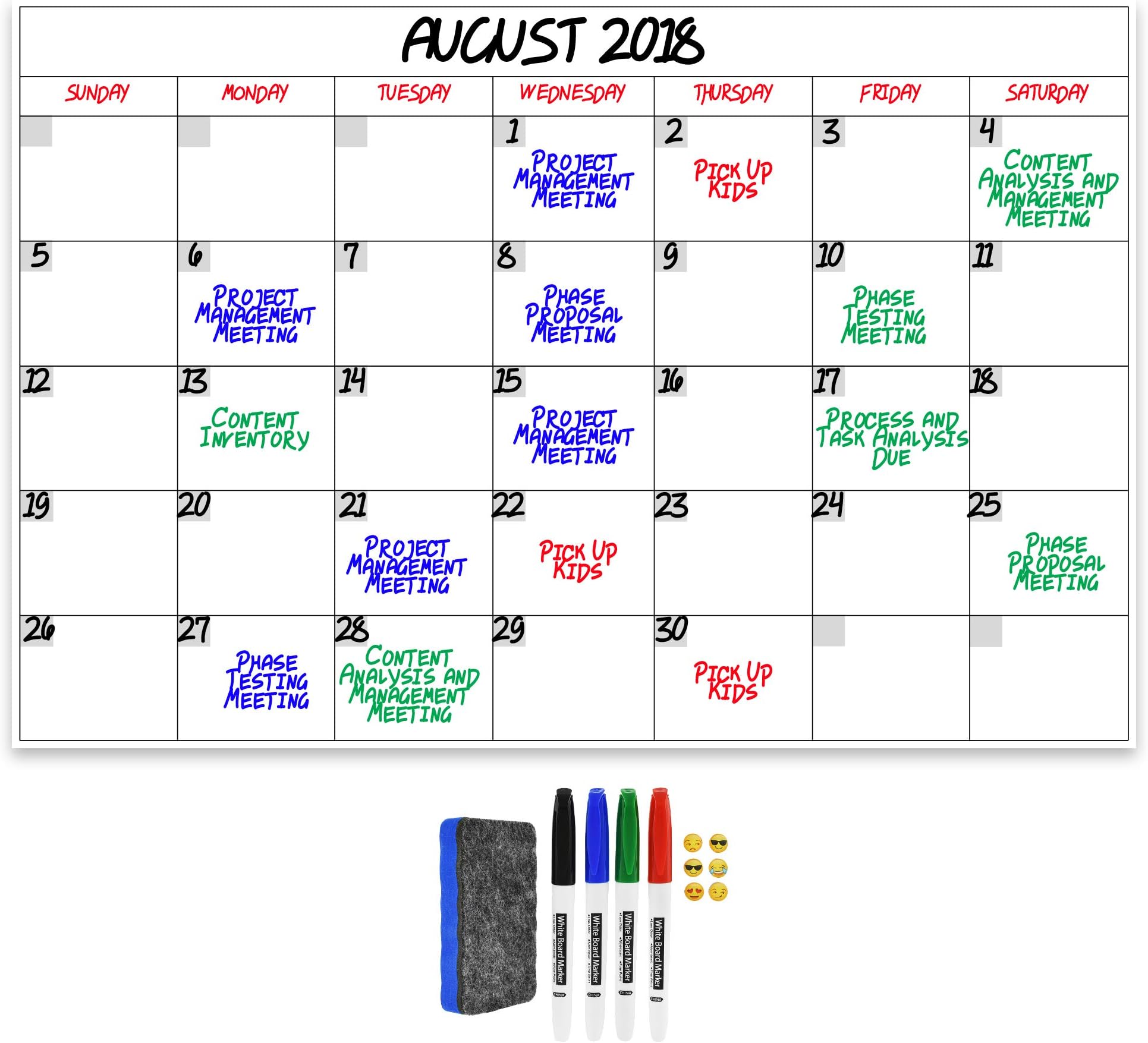 Jumbo Dry Erase Laminated Wall Calendar, Huge 24-Inch by 36-Inch Size, Monthly Planner for Home Office Classroom, Large Date Boxes, Reusable PET Film, Never Folded, Bonus 5 Markers, 8 Tacks, 1 Eraser