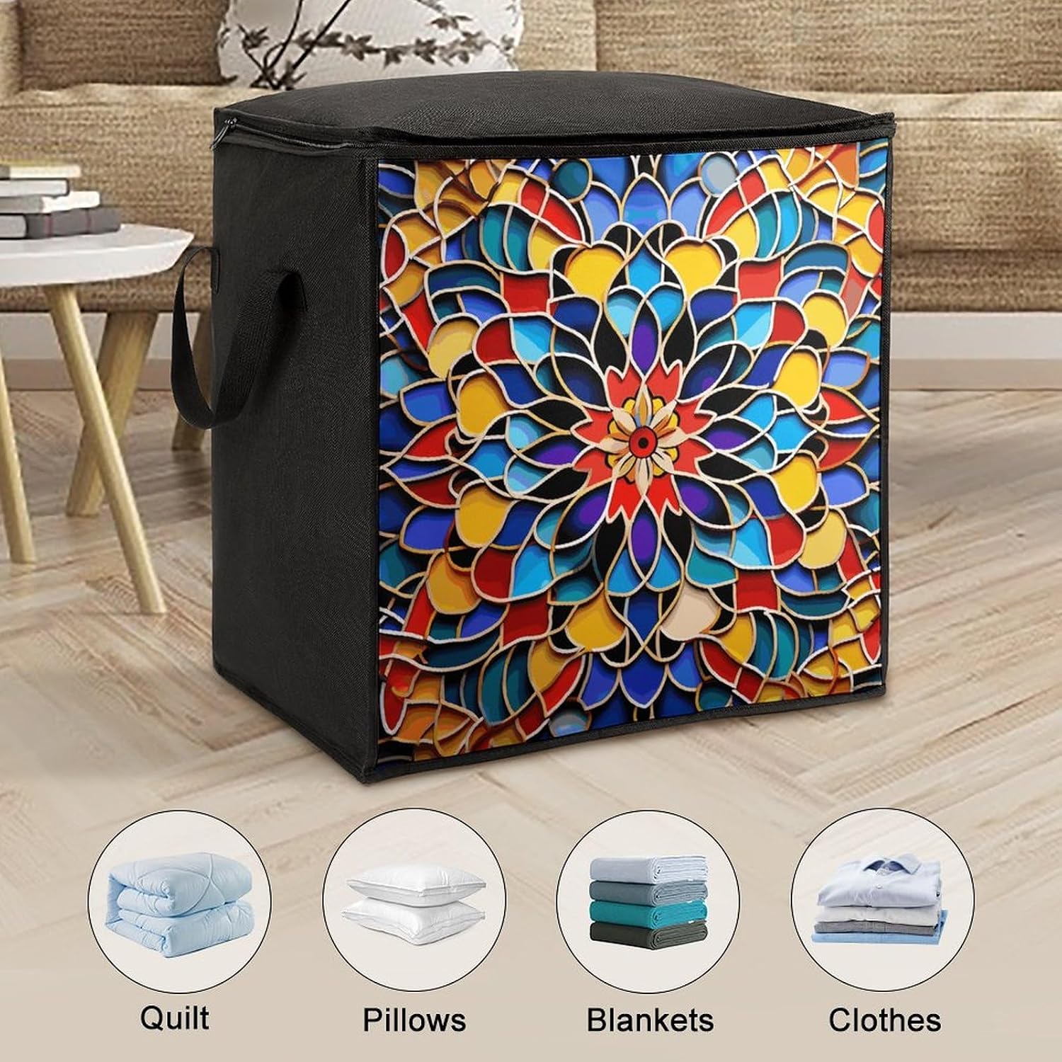 Moroccan Color Storage Bag with Zippers And Handle Extra Large Bedding Comforter Storage Bag Foldable Blanket Storage Bags Fabric Moving Bags for Closet Organizer (70L)