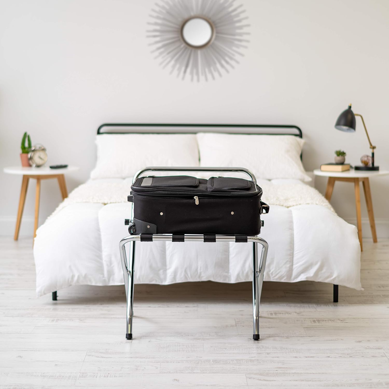 IRIS USA Steel Folding Foldable Luggage Rack Suitcase Stand Shelf with Support Bar, Space Saving for Guest Room, Bedroom, Hotel, Holds up to 110 lbs, Chrome Silver