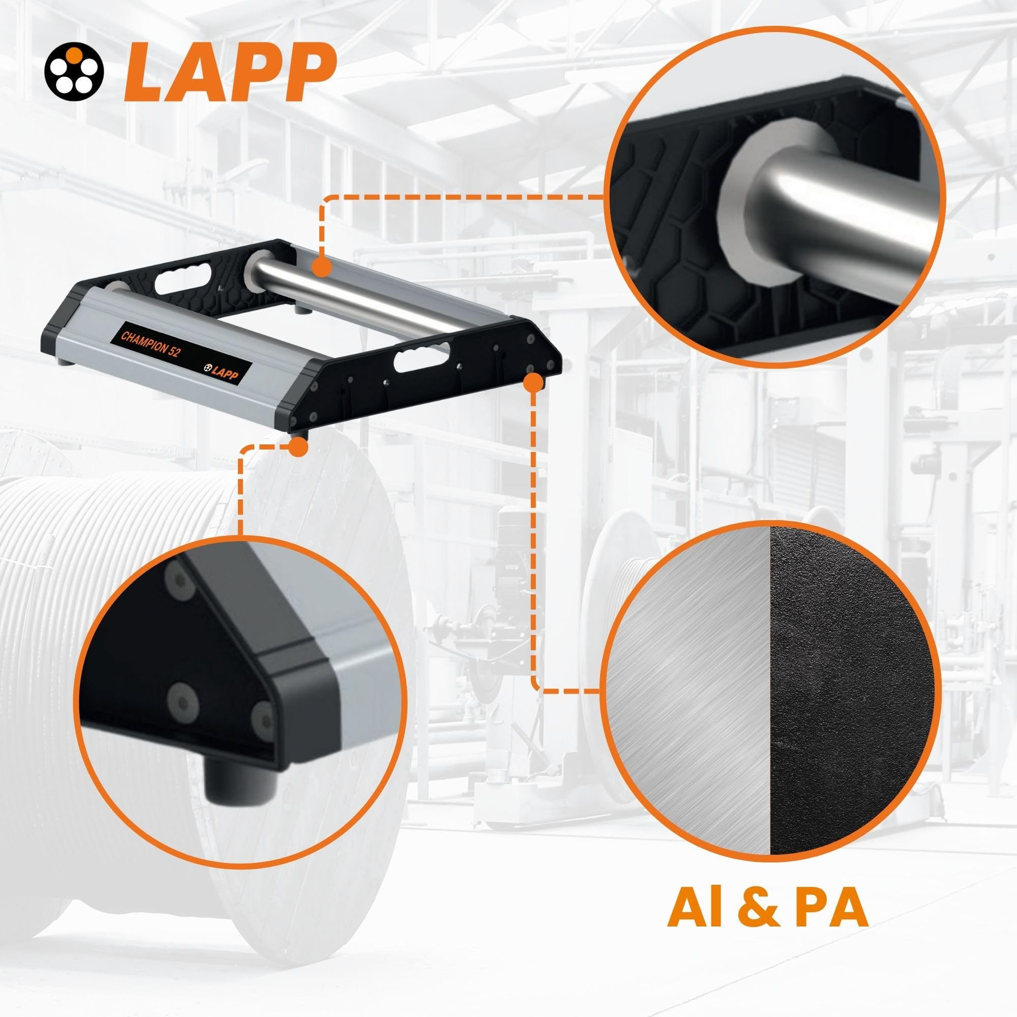 Champion 52 85008070 Lapp 1 St. (85008070) | Dévidoir en aluminium robuste pour atelier et chantier, charge 200 kg, 3 positions de réglage, pieds en caoutchouc