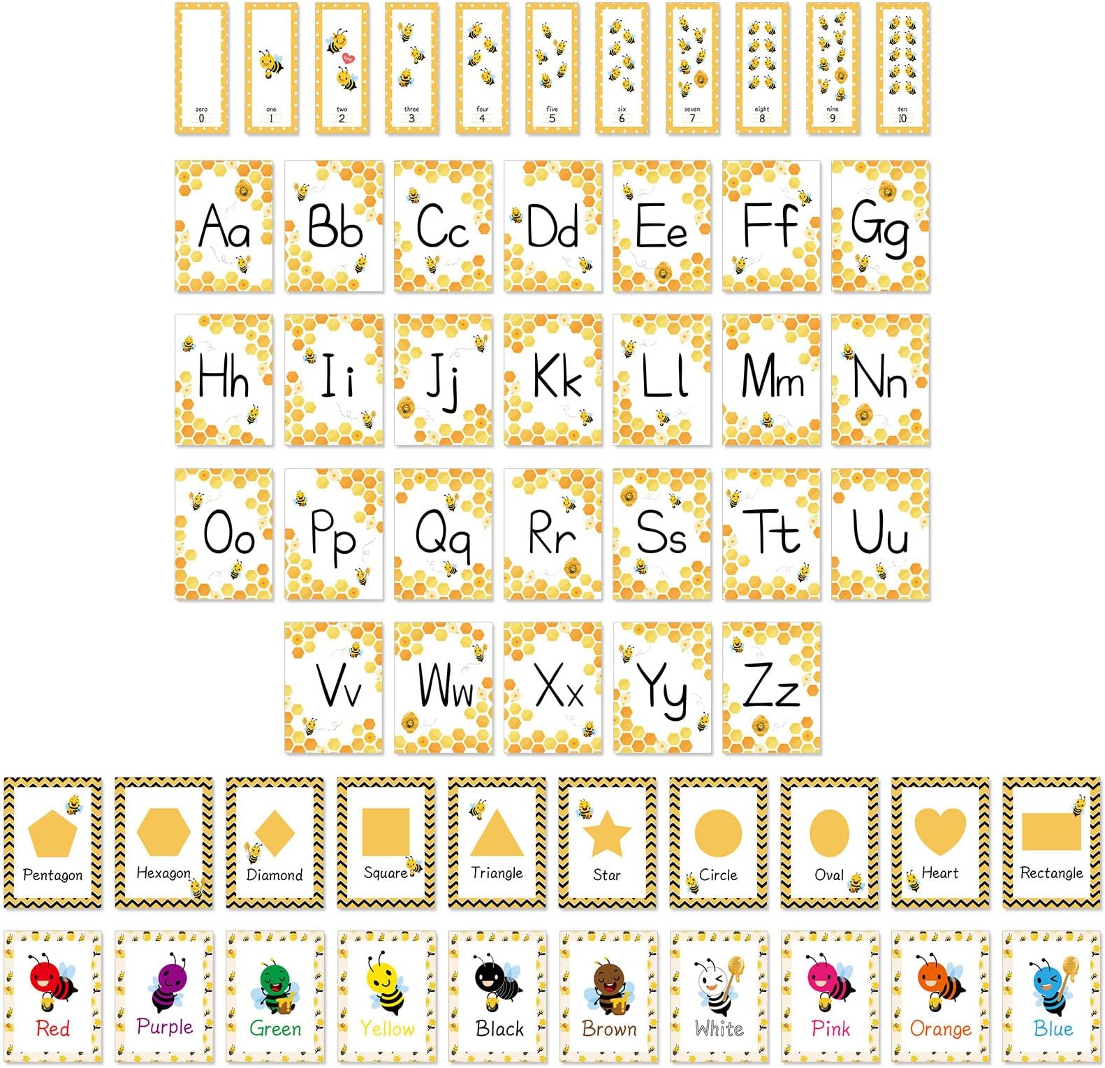 Bee Theme Bulletin Board Decoration Alphabet Colors Shapes Numbers Educational Cards for Toddlers Bee Theme Classroom Supplies Honeycomb Flash Cards Bulletin Board Decoration Poster for Preschool