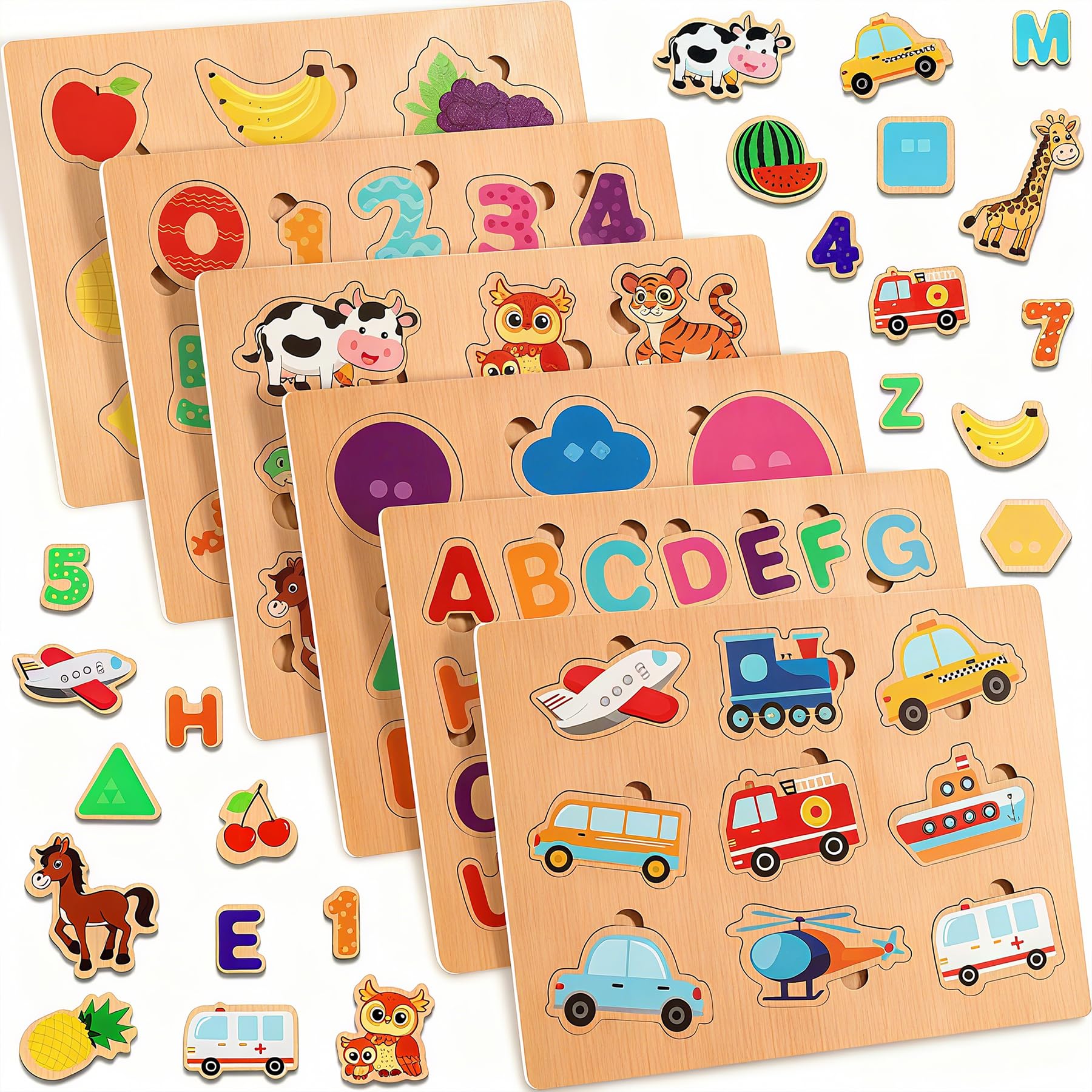 lenbest Zestaw 6 drewnianych puzzli dla dzieci, zabawka Montessori, alfabet zwierzęcy, cyfry, pojazdy, owoce, drewniane zabawki edukacyjne, zabawka dla dzieci w wieku 2-3 lat, prezenty