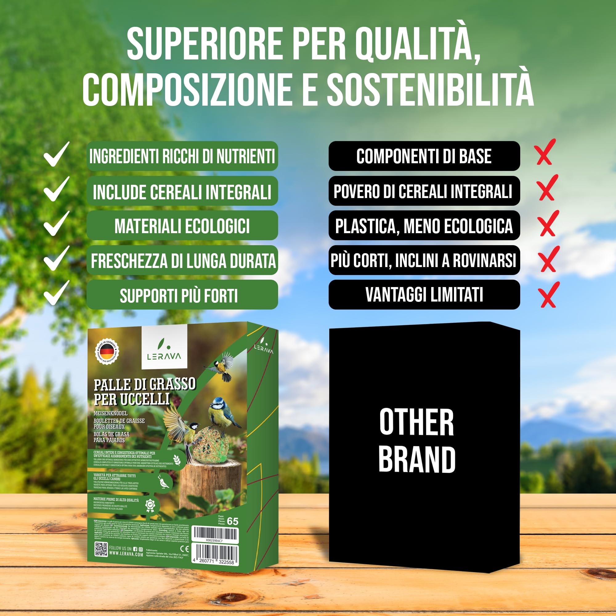 LERAVA Palline di grasso (65 pezzi) - Mangime energetico per uccelli selvatici - Cibo invernale ricco di energia - Alimentazione naturale per uso esterno tutto l'anno per tutte le specie di uccelli
