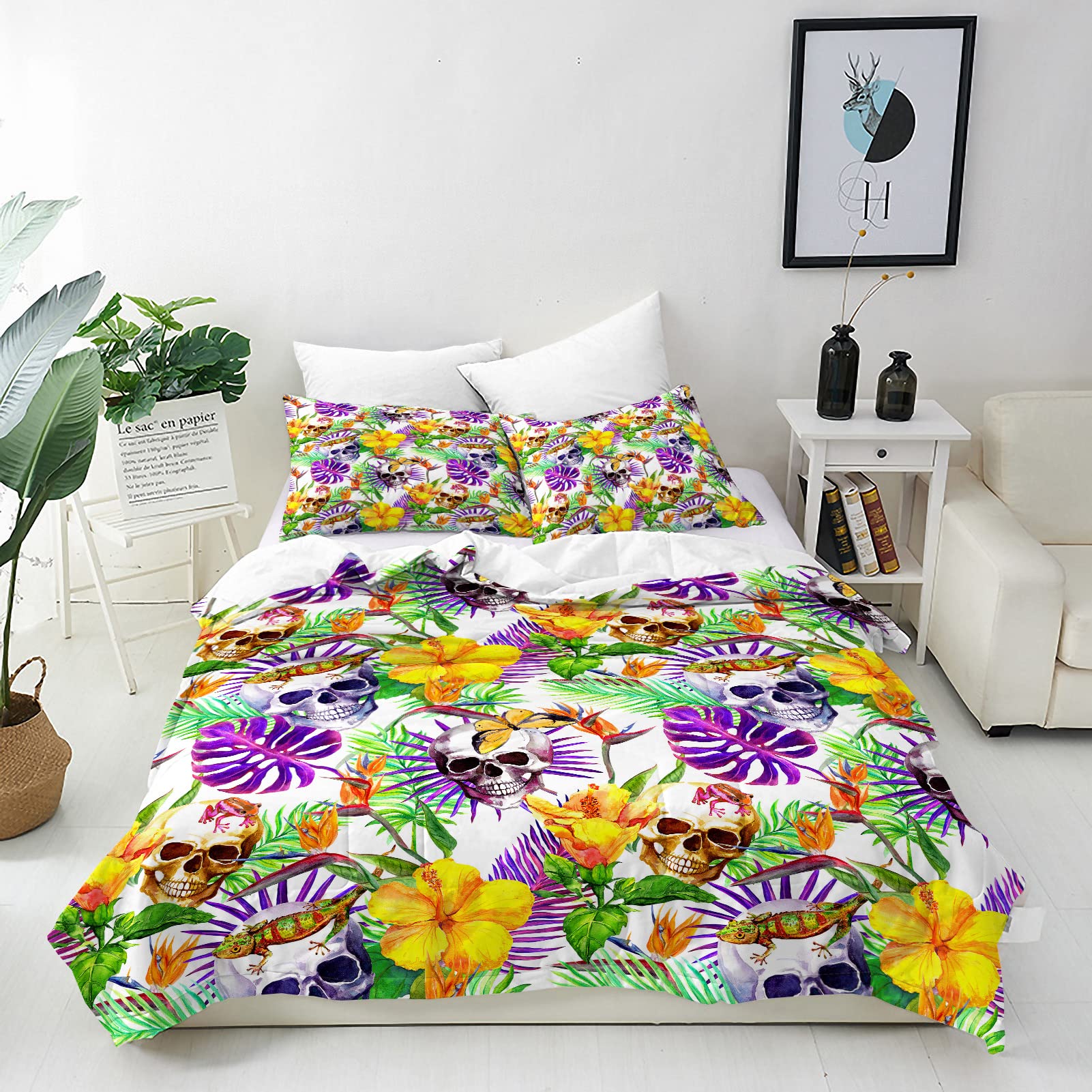 ANHOPE Skull Duvet Cover Set Soft Comforter Cover Tropical Plant Animal Flower Print Pattern 3 Piece Bedding Set with Pillowcase All Season Decor Quilt Cover with Zipper for Kids Adults King โ image 1