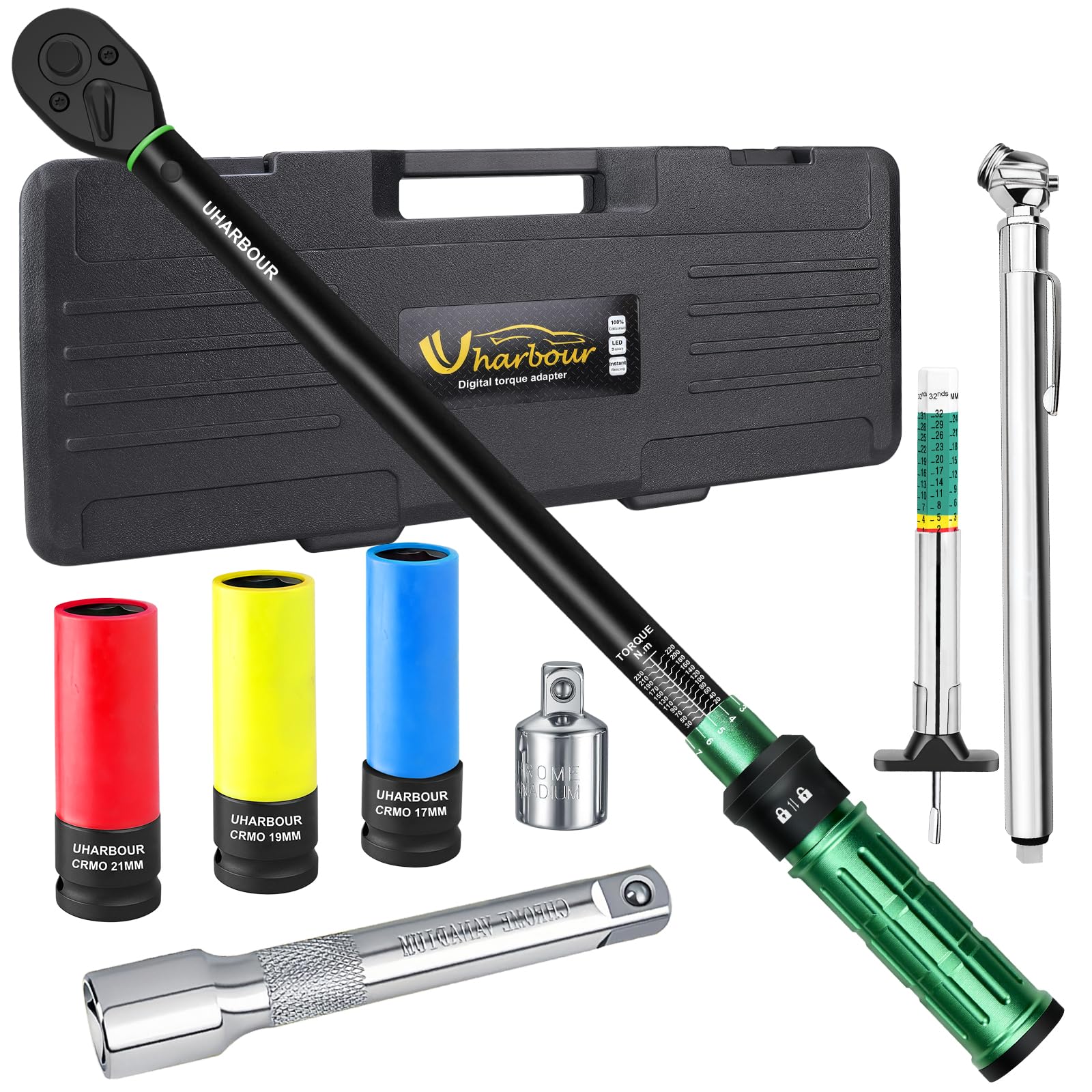 Uharbour Torque Wrench 1/2" 20-230Nm Set, 8-Piece Car Torque Wrench Set for Tire Maintenance & Wheel Lug Nut Tightening, with Tyre Pressure Gauge, Tread Depth Gauge, Extension Bar, 3 Sockets & Adapter — image 1