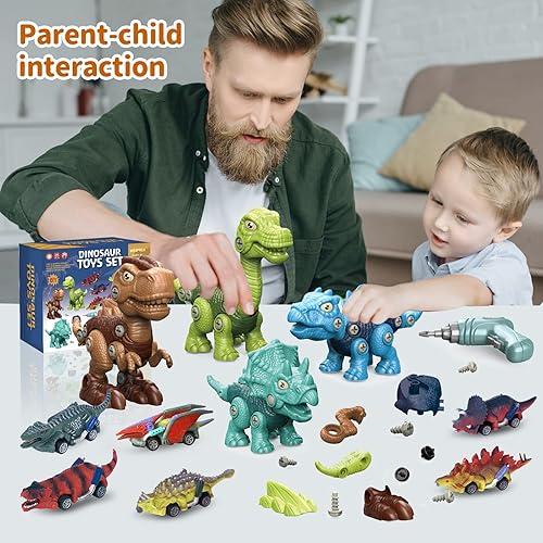 Miniatura 4 de WESPREX 4 juguetes de dinosaurio desmontables y 6 autos de dinosaurio para niños juego de juguetes de dinosaurio de construcción STEM con taladro