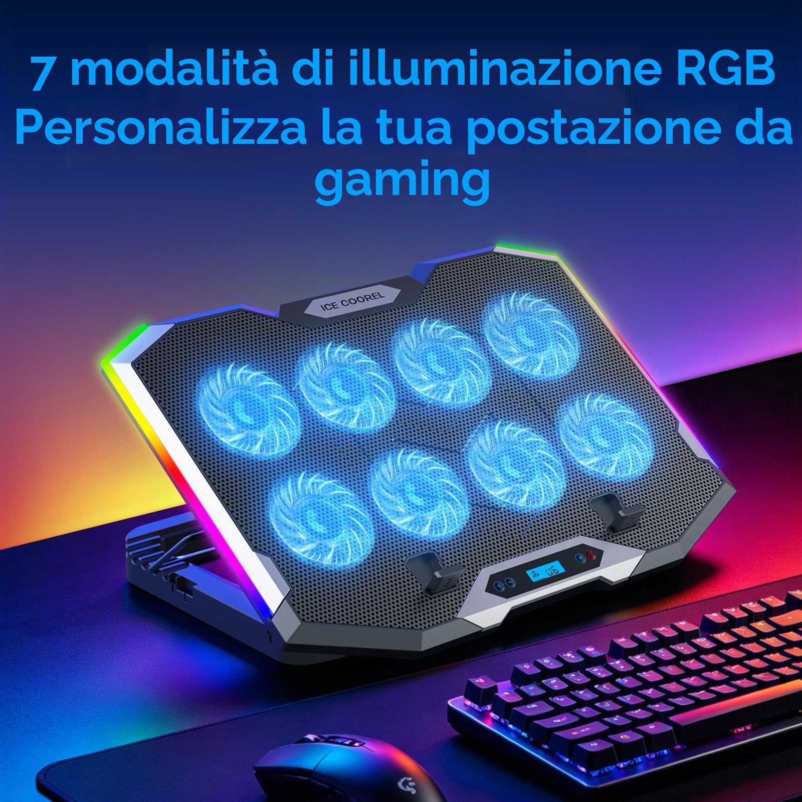 ICE COOREL Tappetino di raffreddamento per laptop da gioco con 8 ventole di raffreddamento, pad di raffreddamento RGB per laptop da 15-17,3 pollici, supporto per laptop con 6 altezze regolabili, pad
